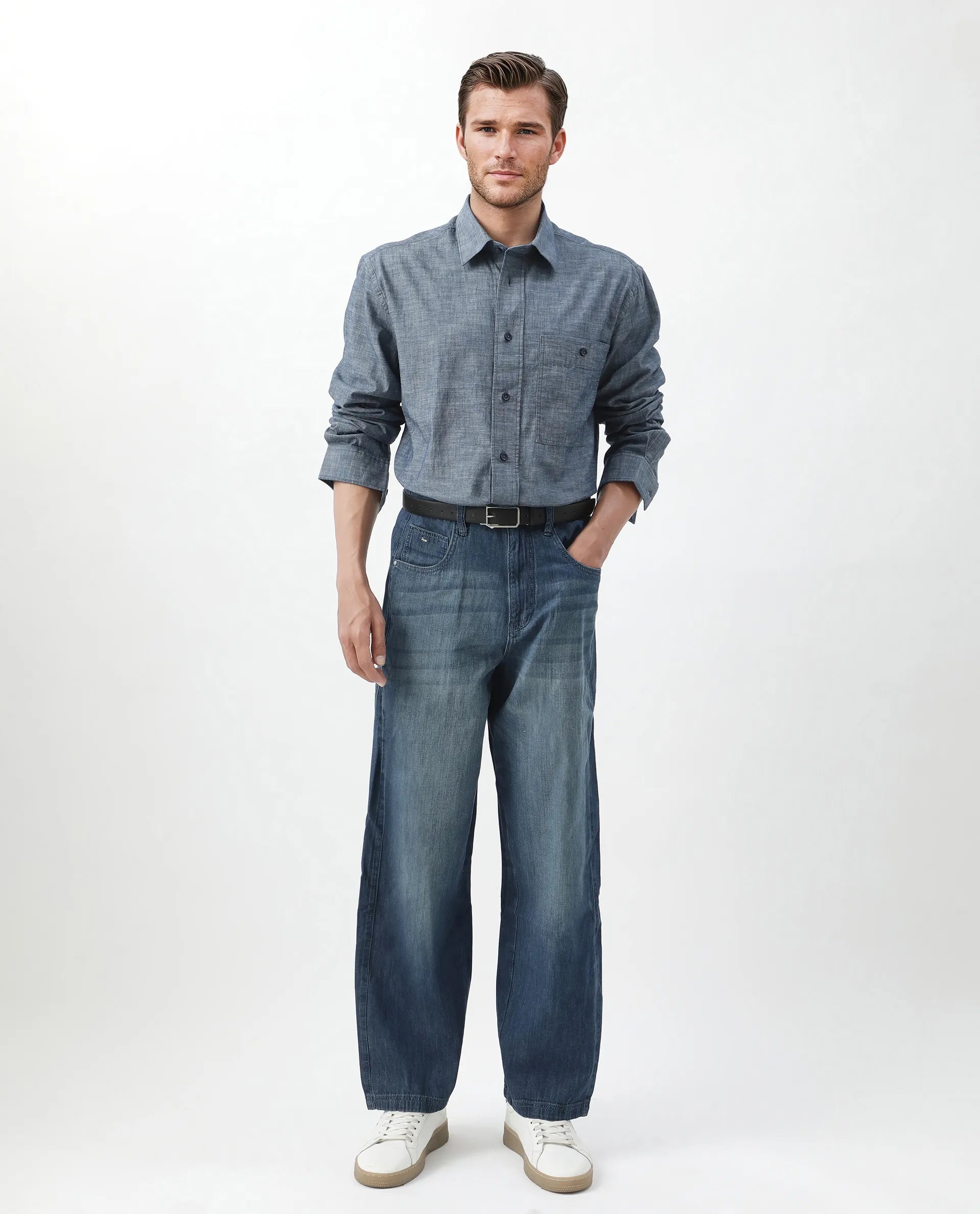 Rare Rabbit Men's Mivo Light Blue Cotton Plain Regular Fit Full Sleeve Collared Shirt