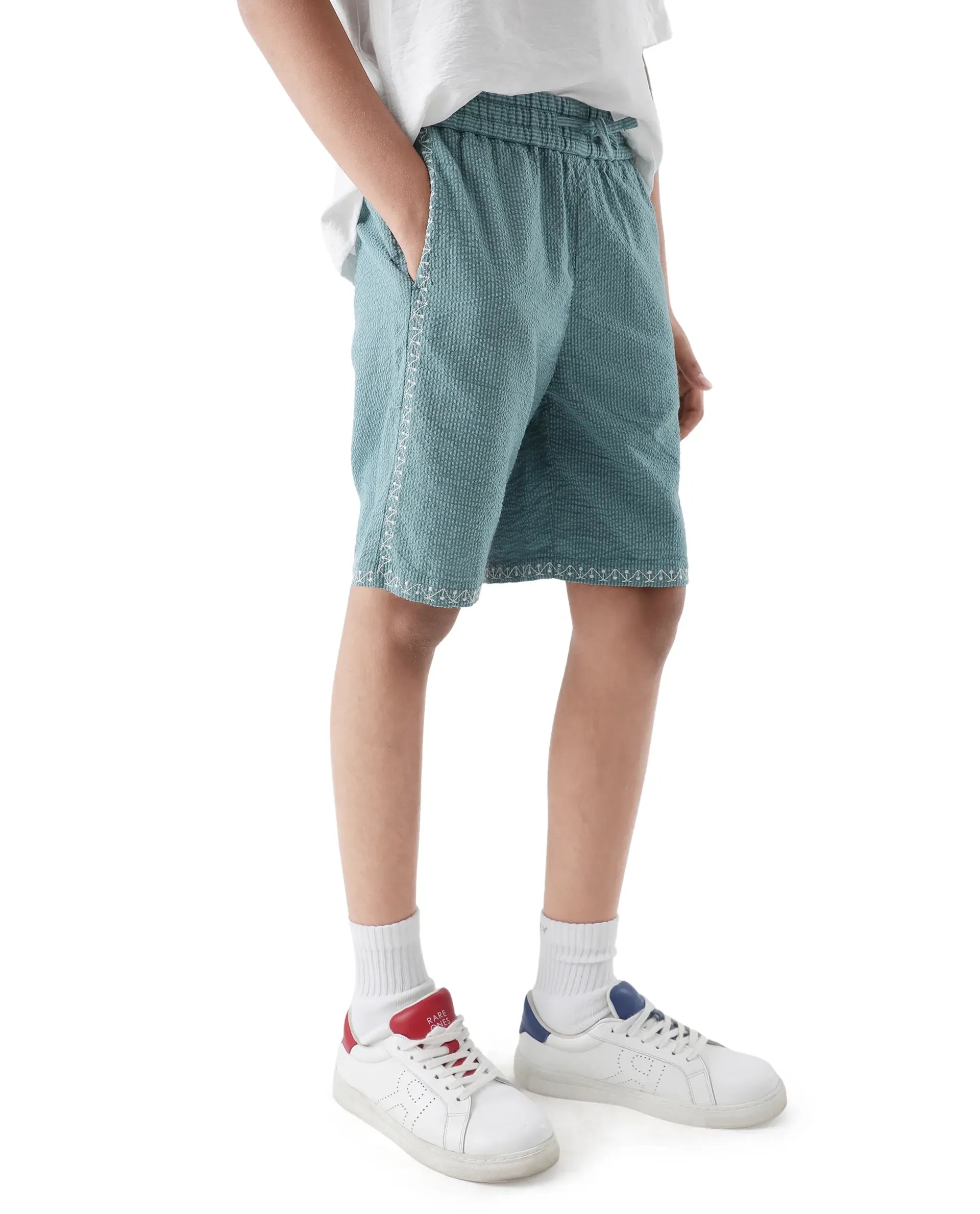 Rare Ones Kids Mixo-B Teal Cotton Fabric Drawstring Closure Regular Fit Shorts