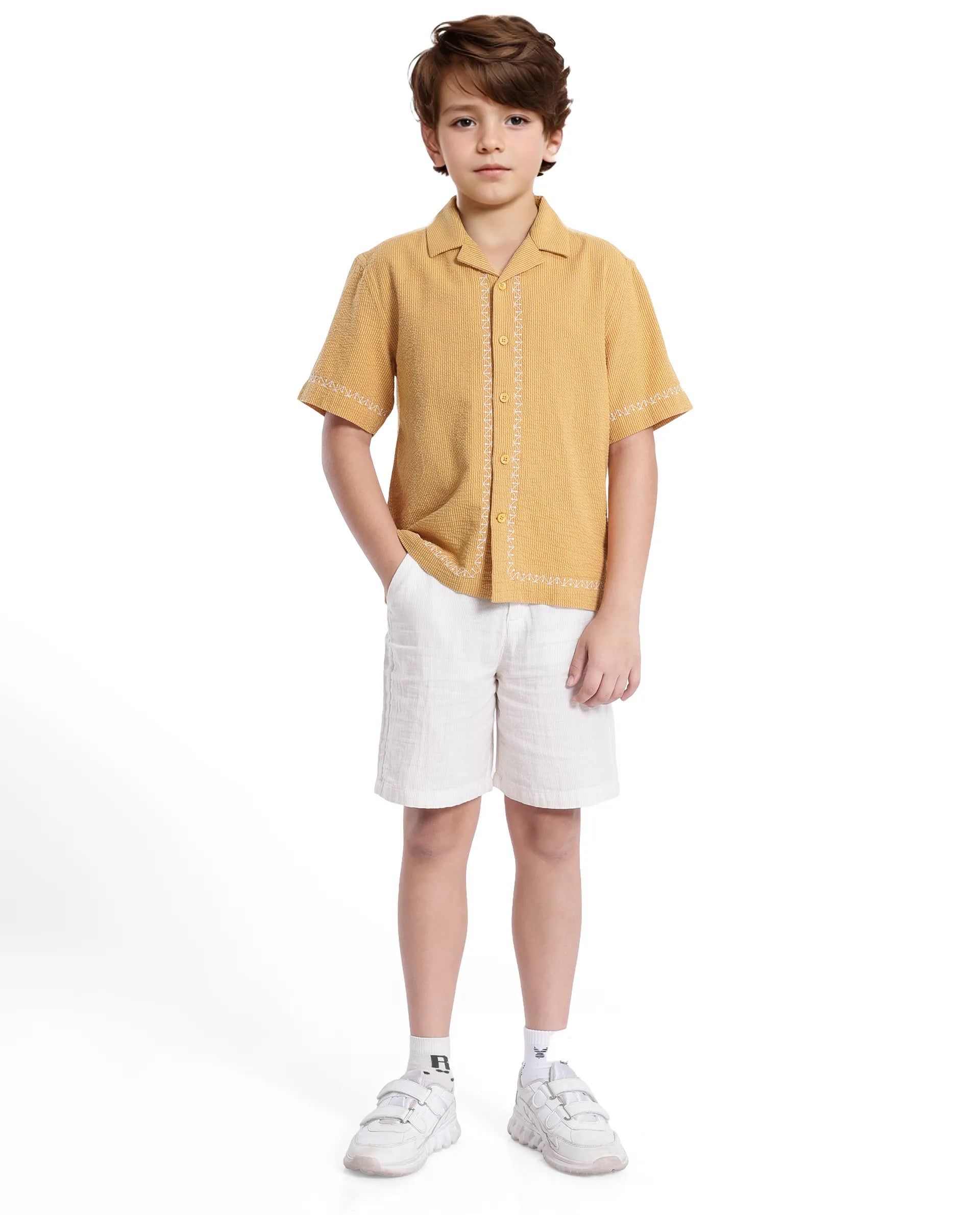Rare Ones Kids Mixo-S Mustard Cotton Half Sleeve Embroidered Boxy Fit Shirt