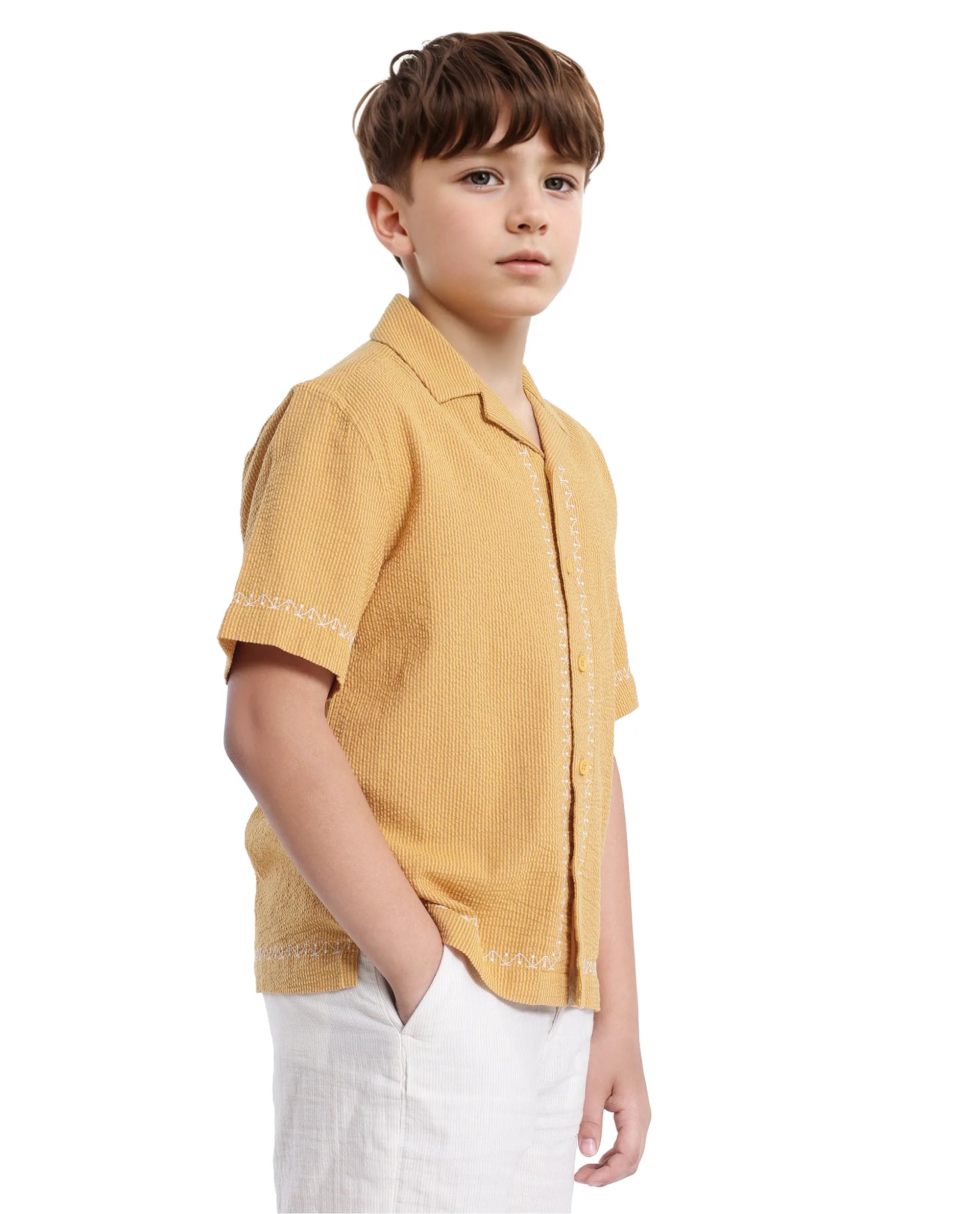 Rare Ones Kids Mixo-S Mustard Cotton Half Sleeve Embroidered Boxy Fit Shirt