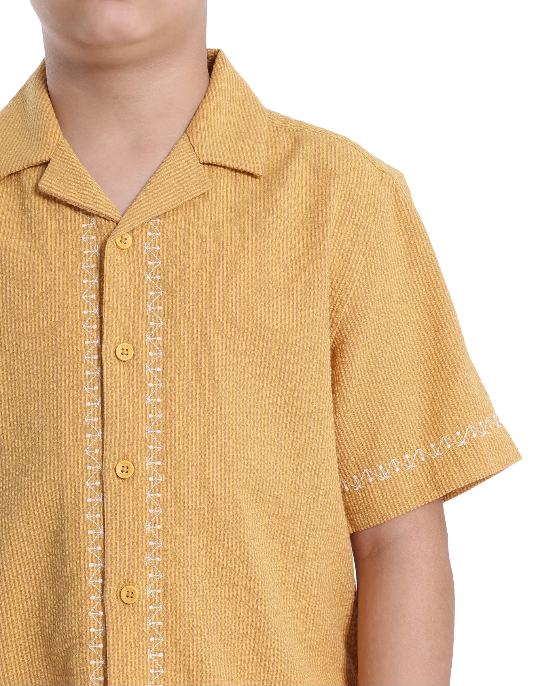 Rare Ones Kids Mixo-S Mustard Cotton Half Sleeve Embroidered Boxy Fit Shirt
