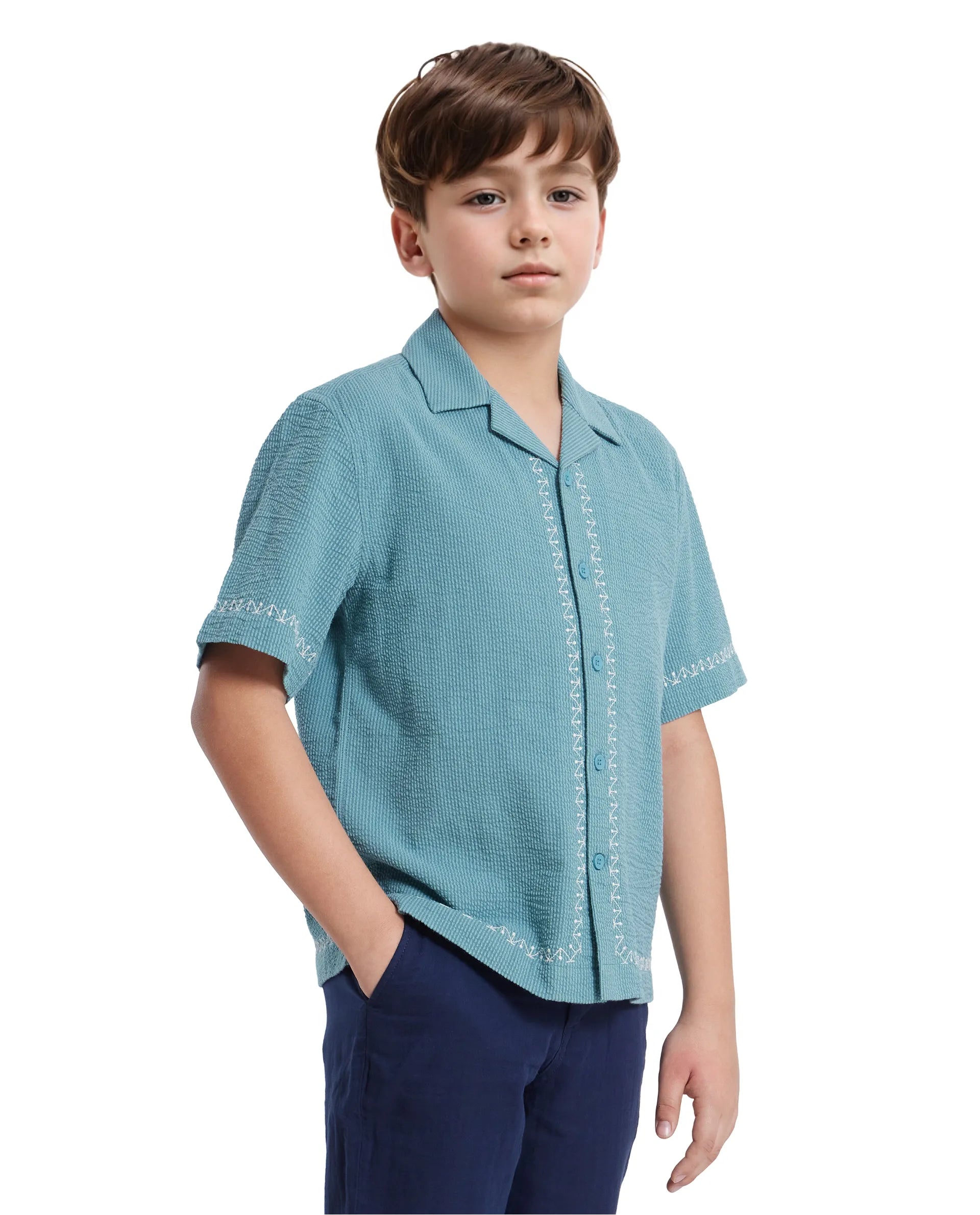 Rare Ones Kids Mixo-S Teal Cotton Half Sleeve Embroidered Boxy Fit Shirt