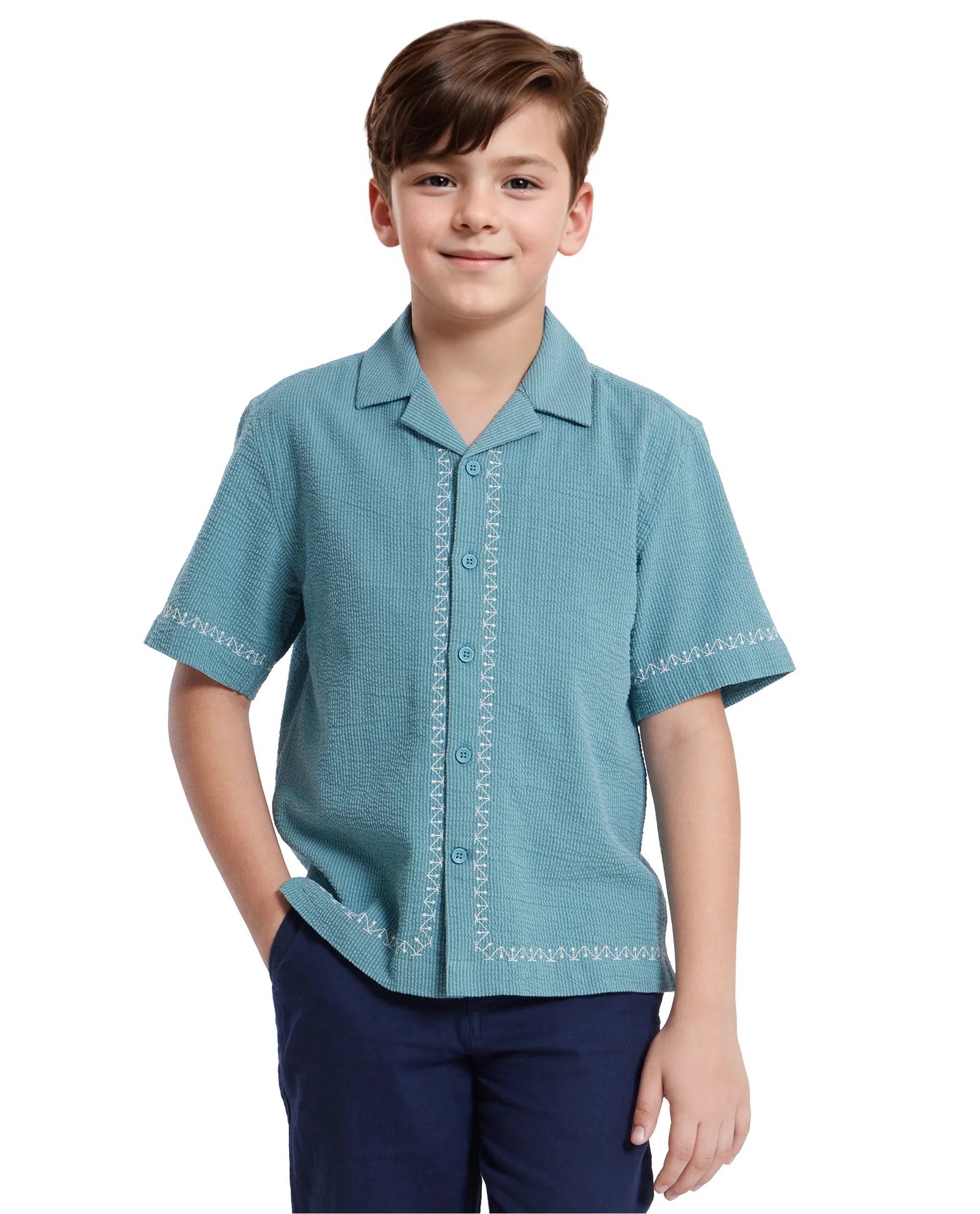 Rare Ones Kids Mixo-S Teal Cotton Half Sleeve Embroidered Boxy Fit Shirt