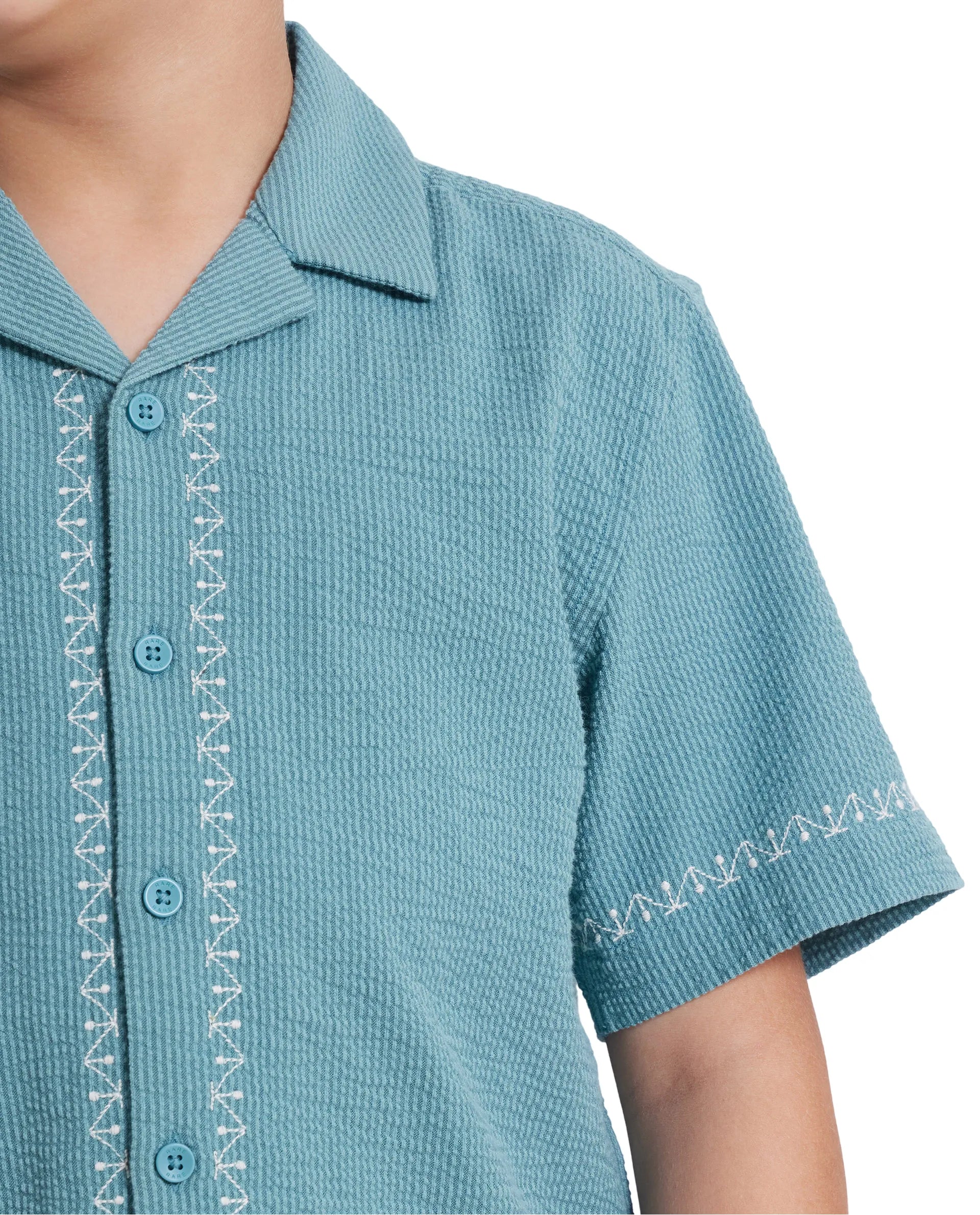 Rare Ones Kids Mixo-S Teal Cotton Half Sleeve Embroidered Boxy Fit Shirt