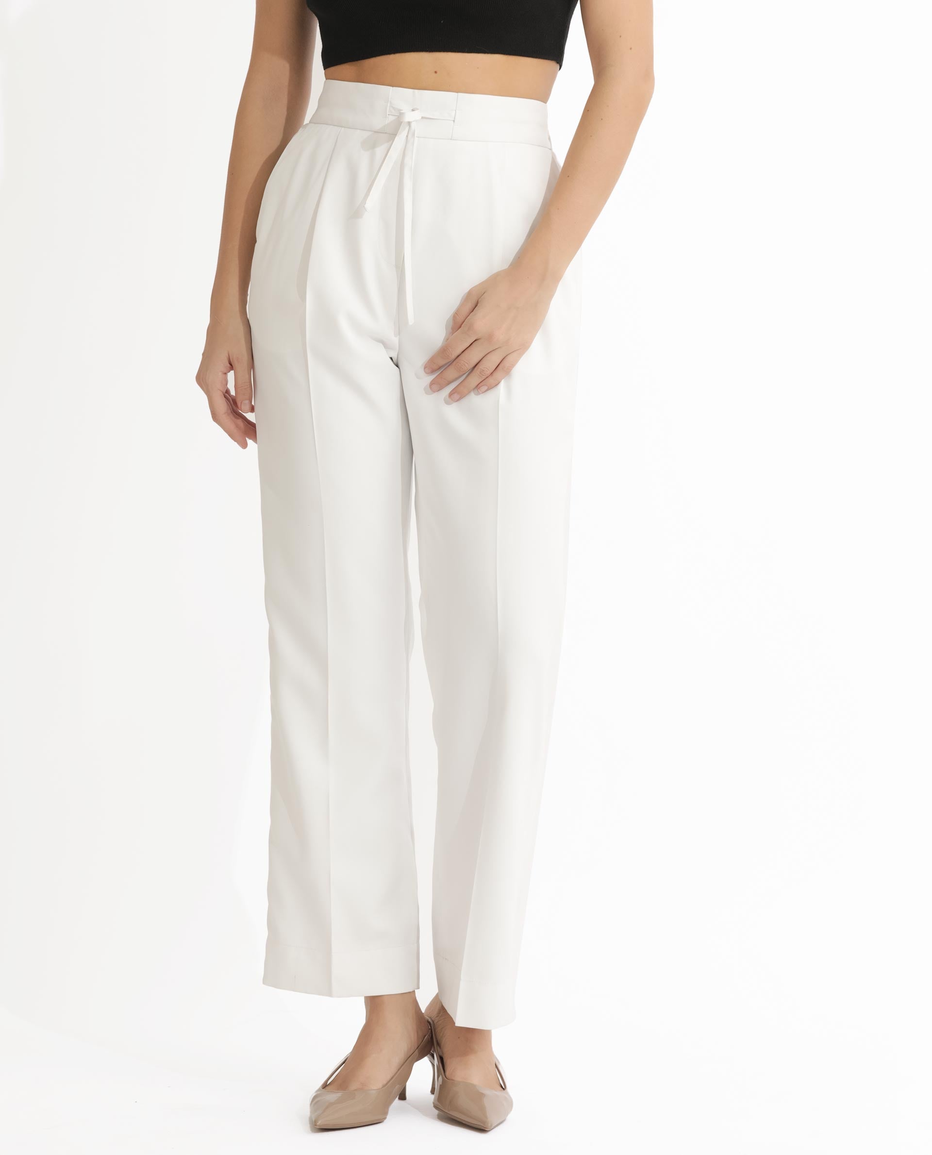 Rareism Women Miza Off White Tailored Fit High Rise Solid Ankle Length Trousers
