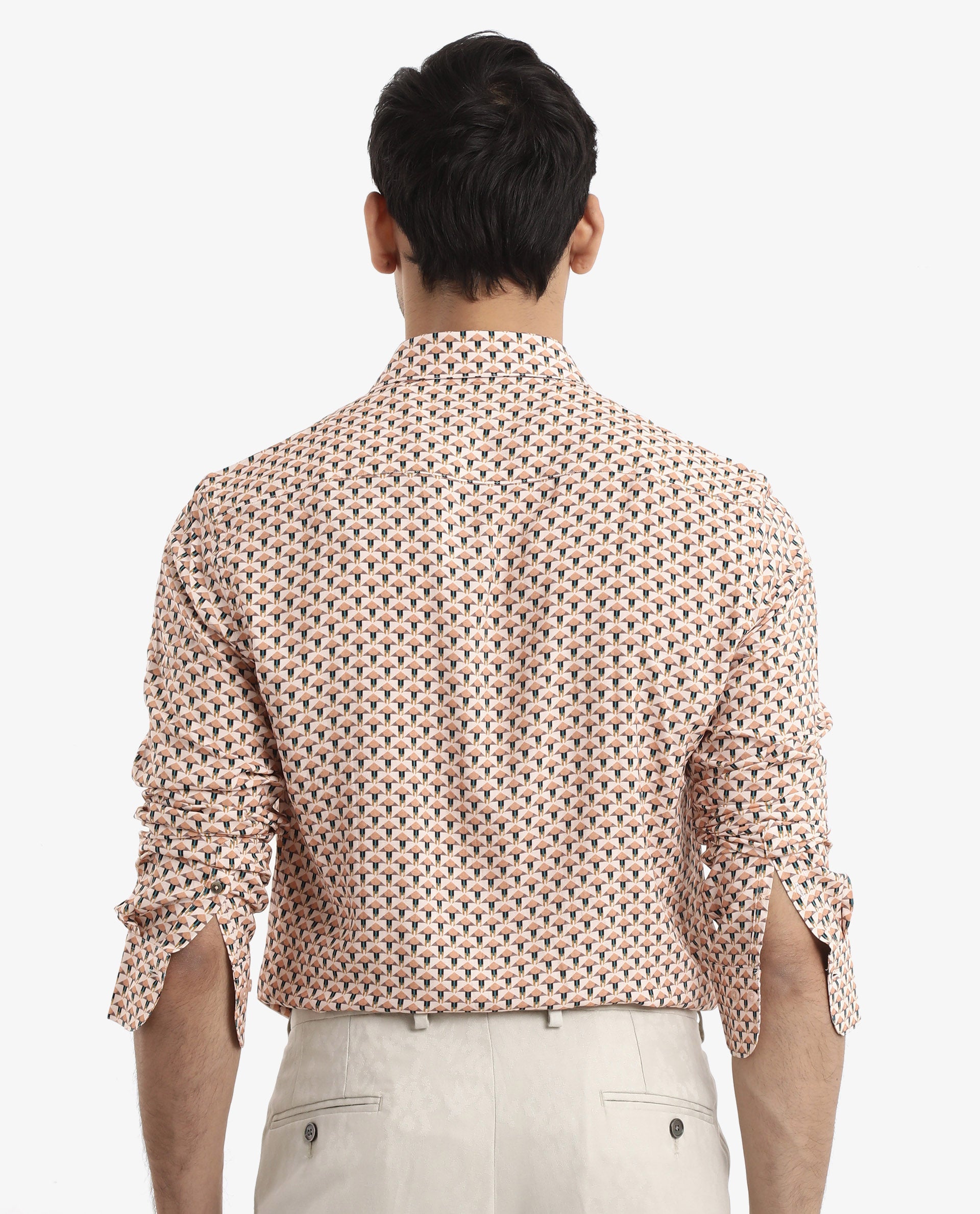 Rare Rabbit Men's Mizar Beige Viscose Fabric Full Sleeve Regular Fit Geometric Print Shirt