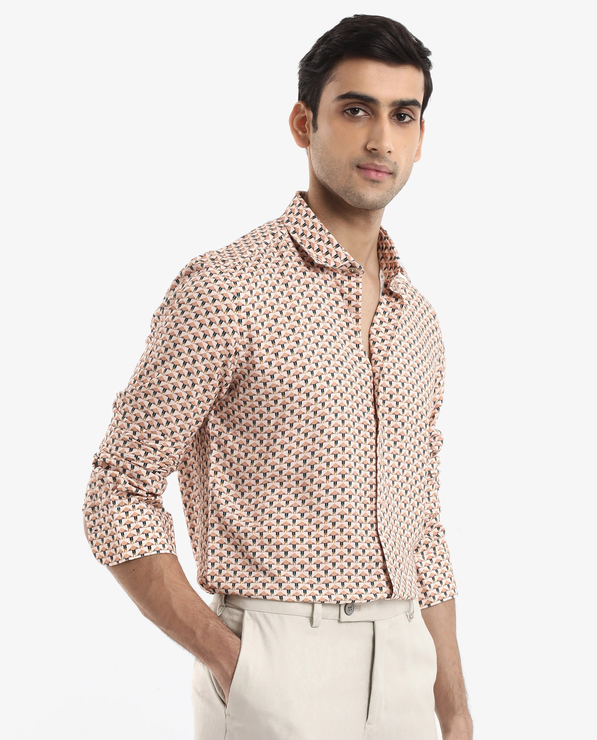 Rare Rabbit Men's Mizar Beige Viscose Fabric Full Sleeve Regular Fit Geometric Print Shirt