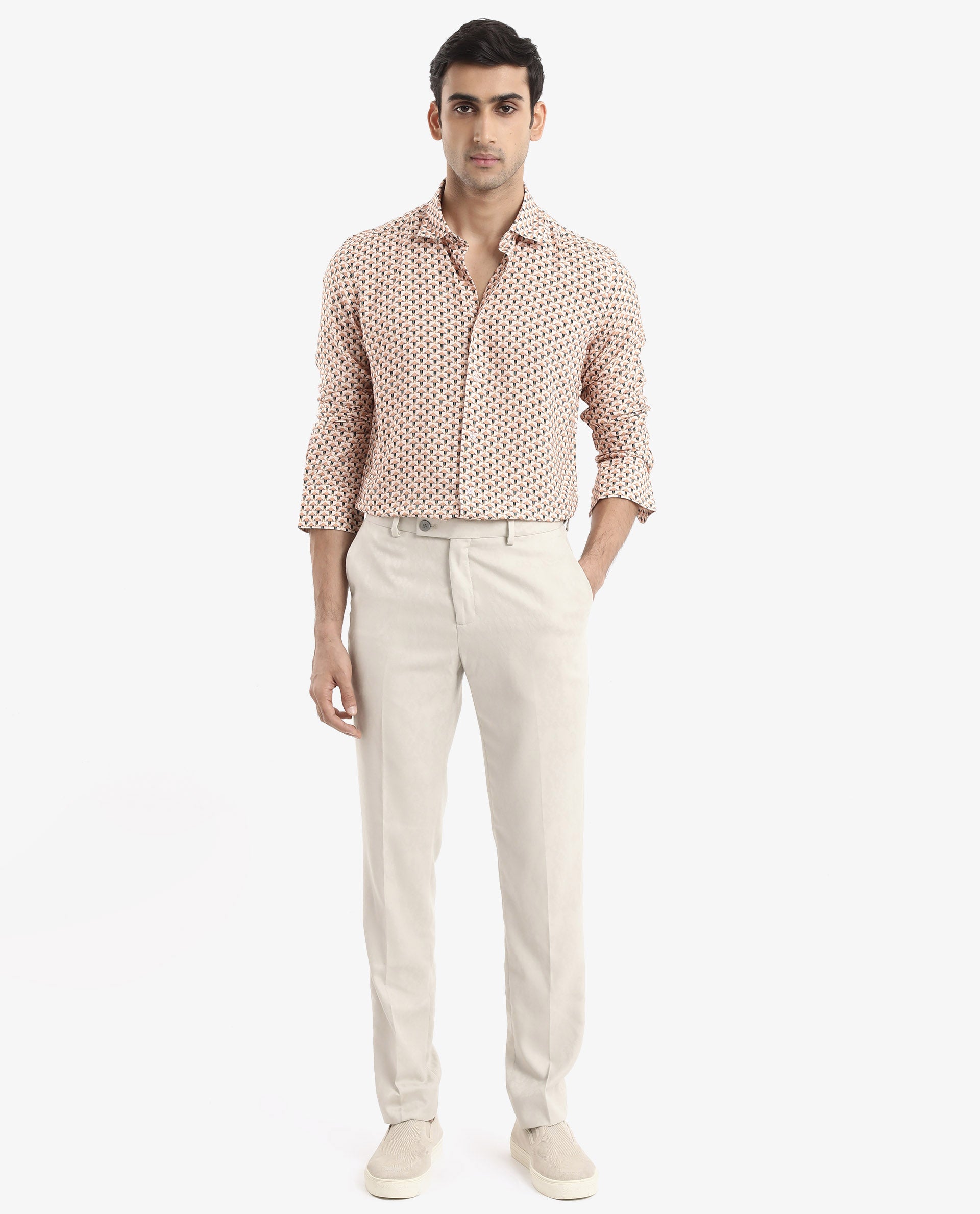 Rare Rabbit Men's Mizar Beige Viscose Fabric Full Sleeve Regular Fit Geometric Print Shirt