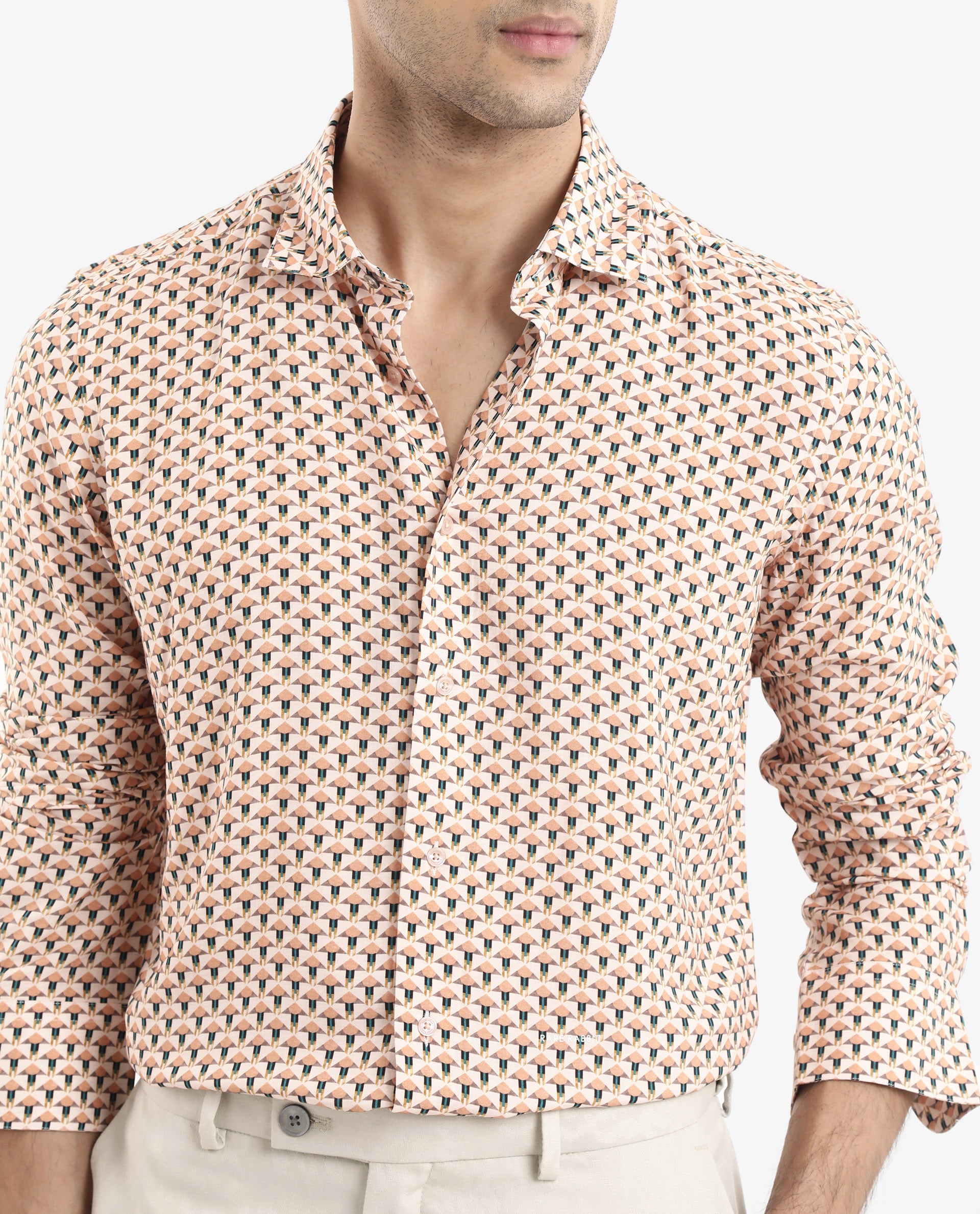 Rare Rabbit Men's Mizar Beige Viscose Fabric Full Sleeve Regular Fit Geometric Print Shirt