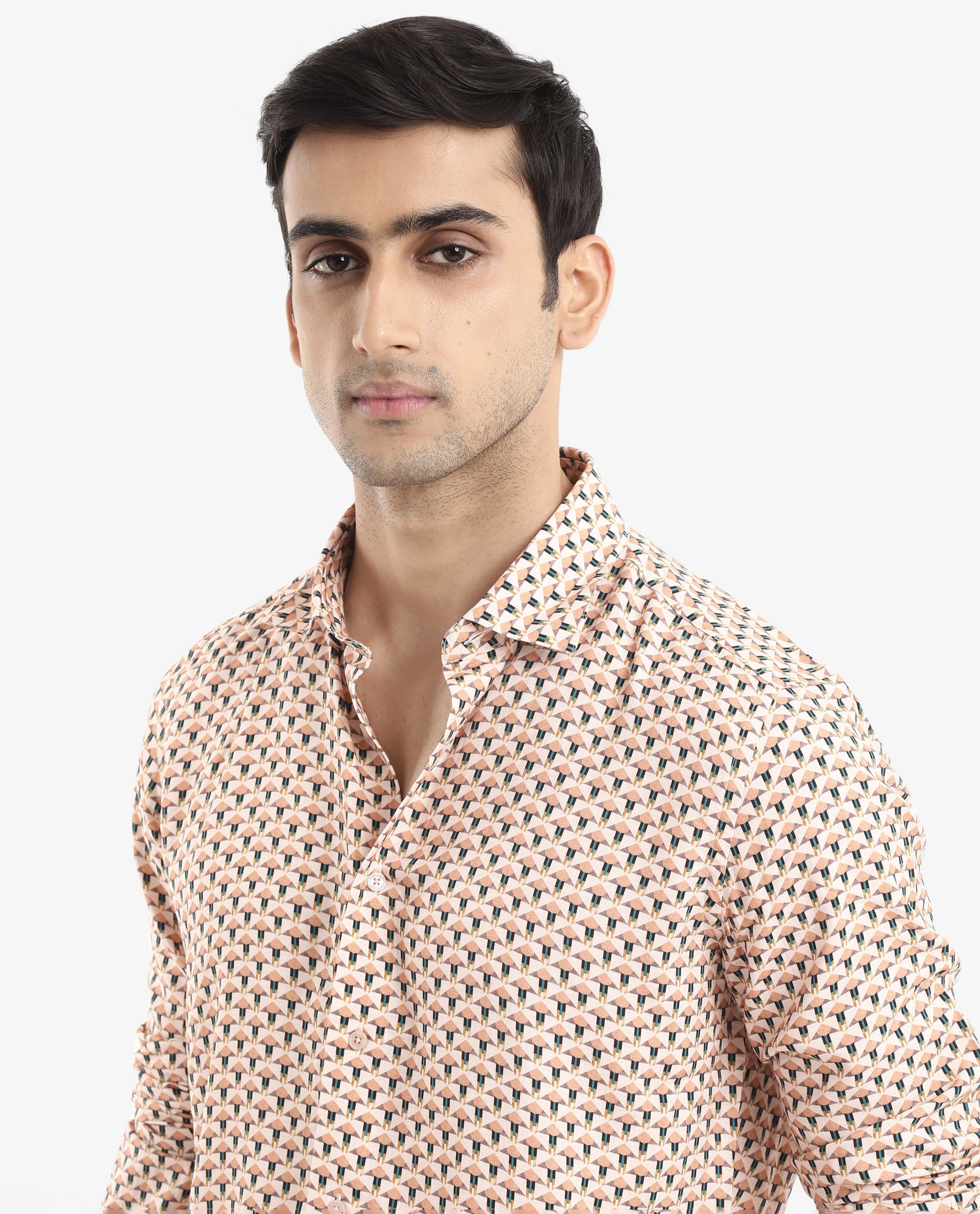 Rare Rabbit Men's Mizar Beige Viscose Fabric Full Sleeve Regular Fit Geometric Print Shirt