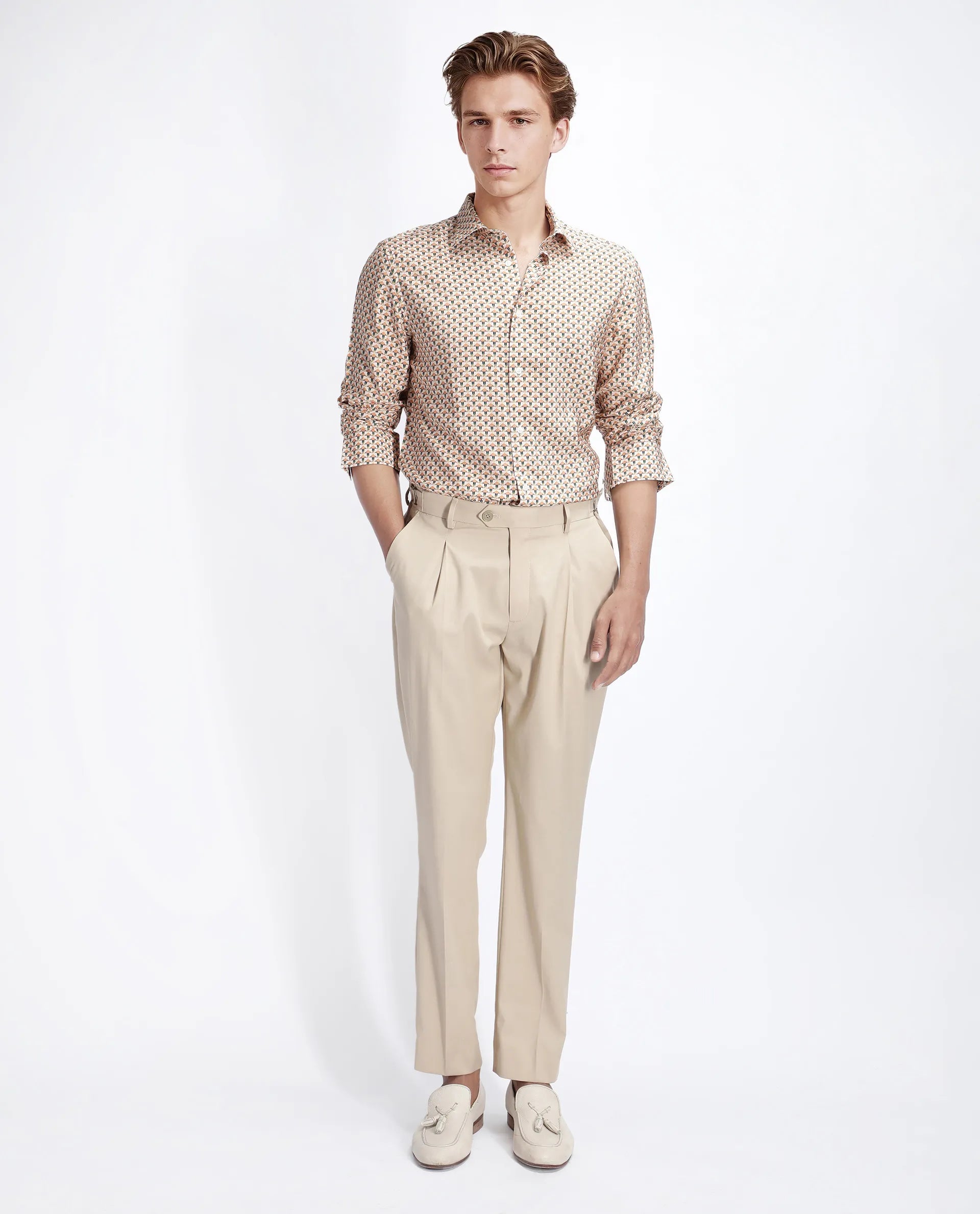 Rare Rabbit Men's Miz Beige Viscose Blend Geometric Print Regular Fit Full Sleeve Collared Shirt