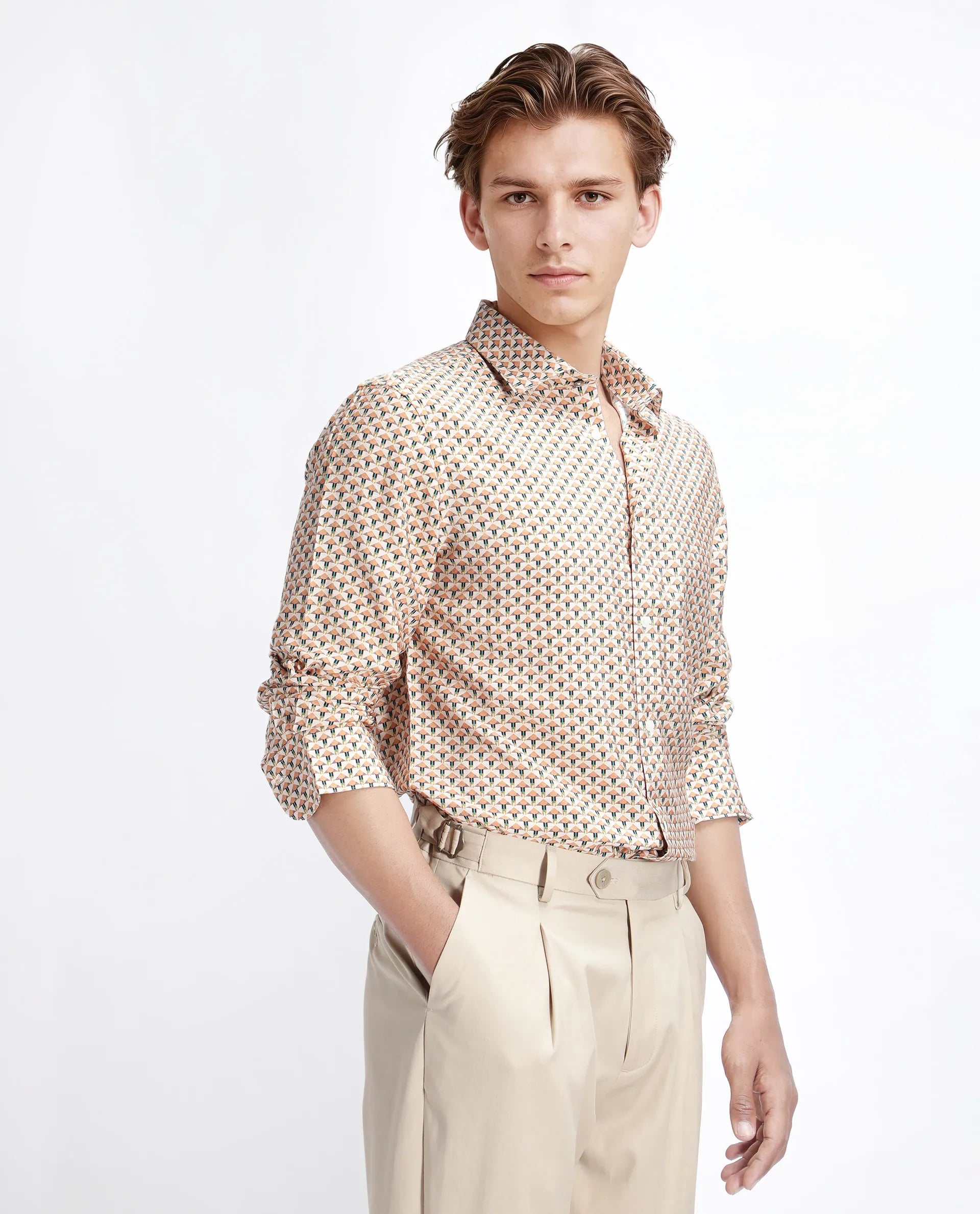 Rare Rabbit Men's Miz Beige Viscose Blend Geometric Print Regular Fit Full Sleeve Collared Shirt