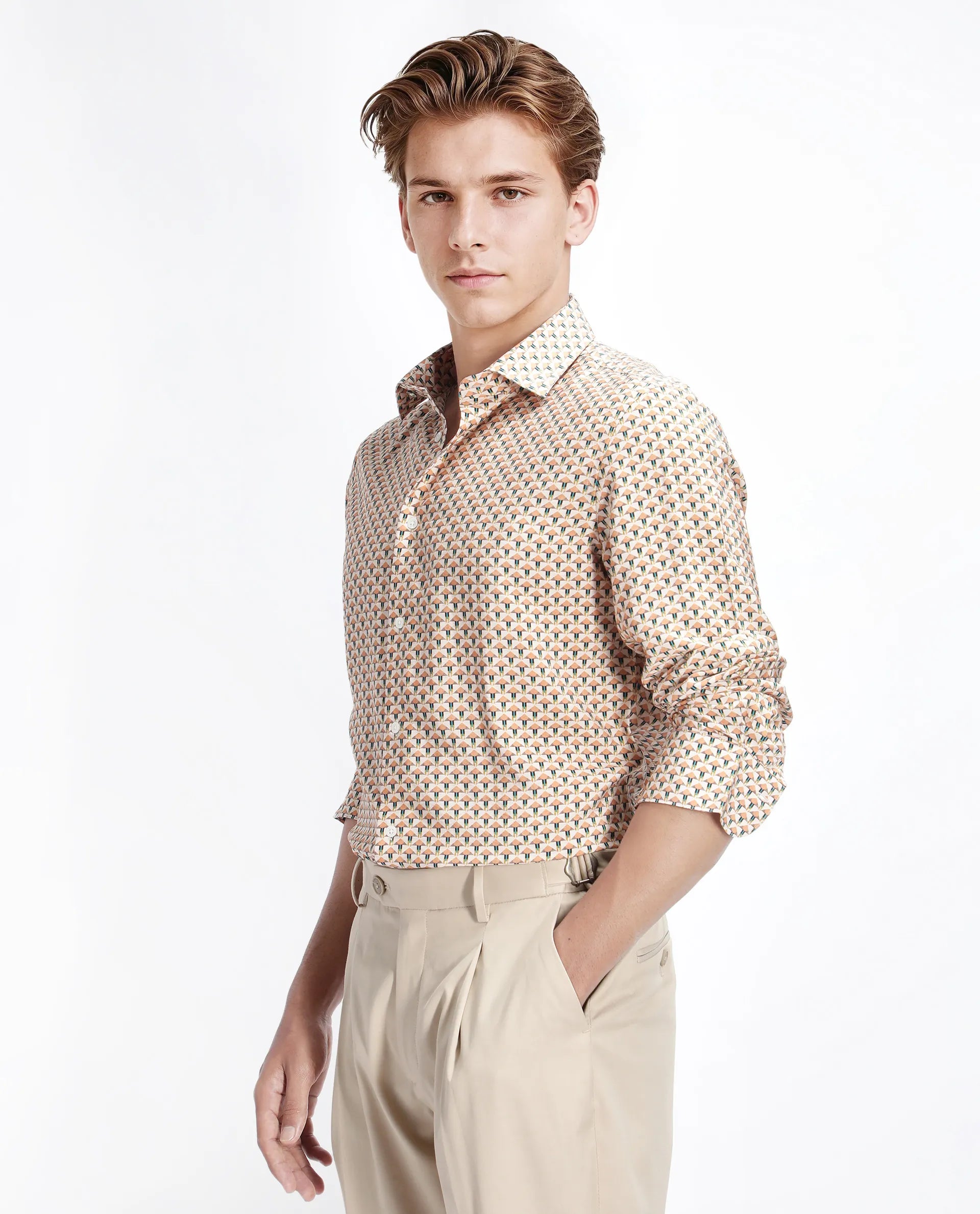 Rare Rabbit Men's Miz Beige Viscose Blend Geometric Print Regular Fit Full Sleeve Collared Shirt