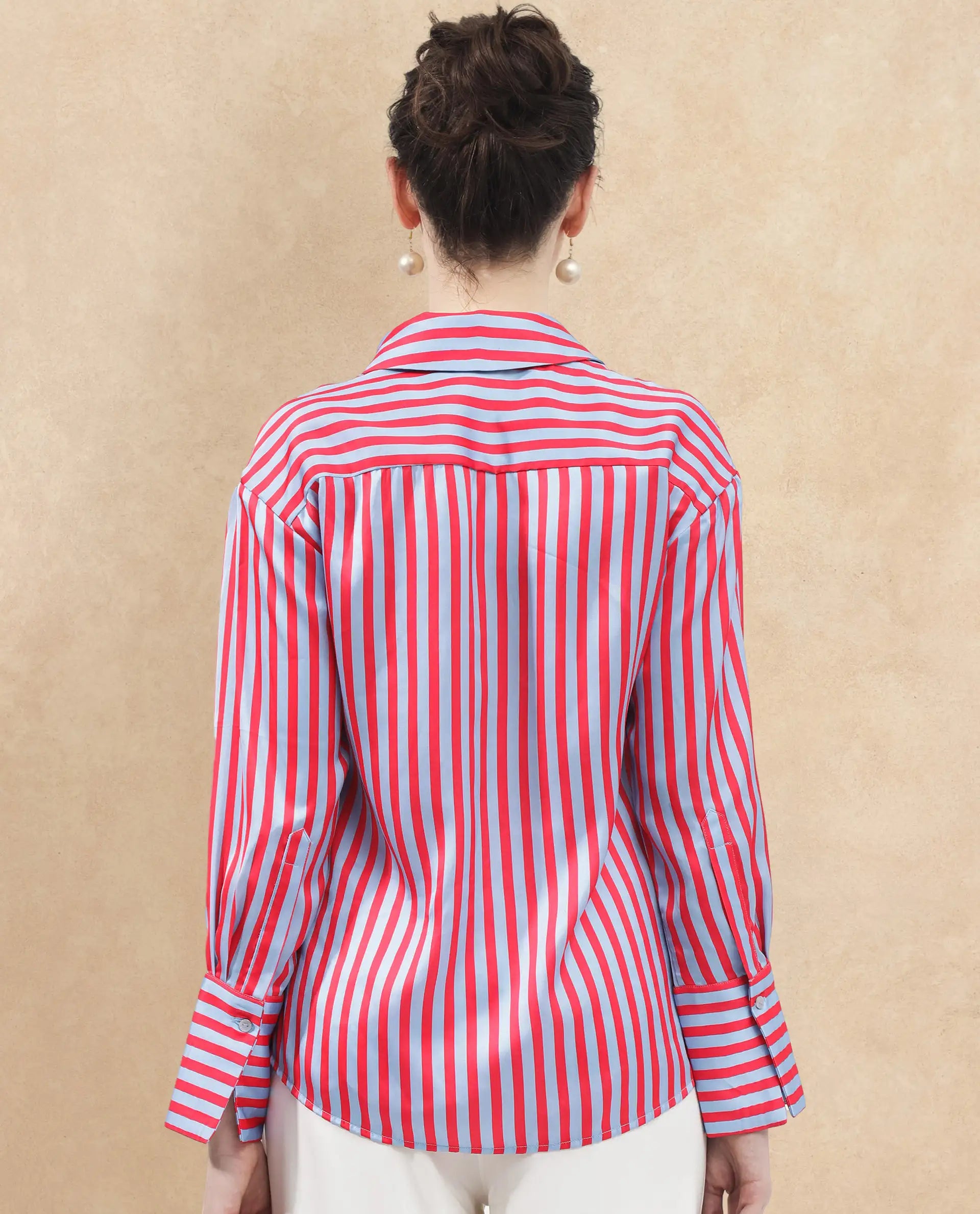 Rareism Women Mochin Blue Polyester Fabric Full Sleeves Button Closure Collared Neck Cuffed Sleeve Regular Fit Striped Shirt