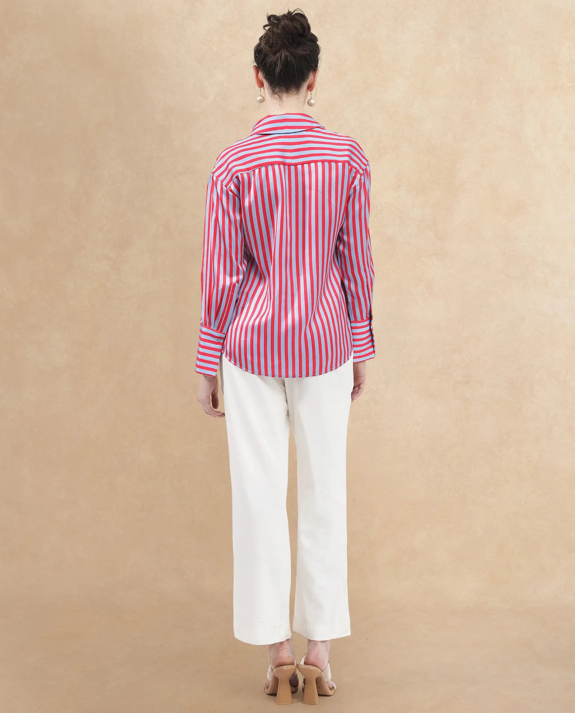 Rareism Women Mochin Blue Polyester Fabric Full Sleeves Button Closure Collared Neck Cuffed Sleeve Regular Fit Striped Shirt