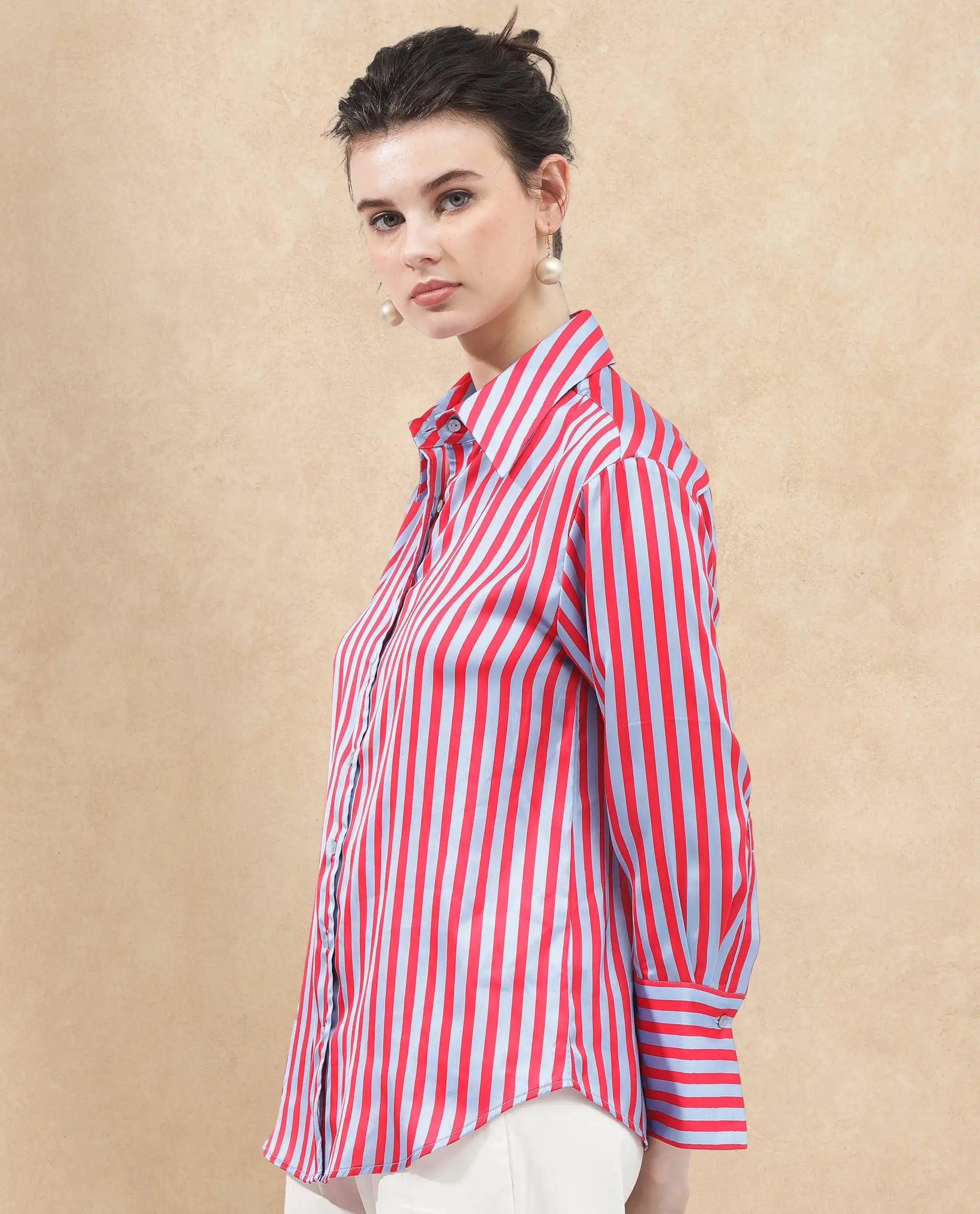Rareism Women Mochin Blue Polyester Fabric Full Sleeves Button Closure Collared Neck Cuffed Sleeve Regular Fit Striped Shirt