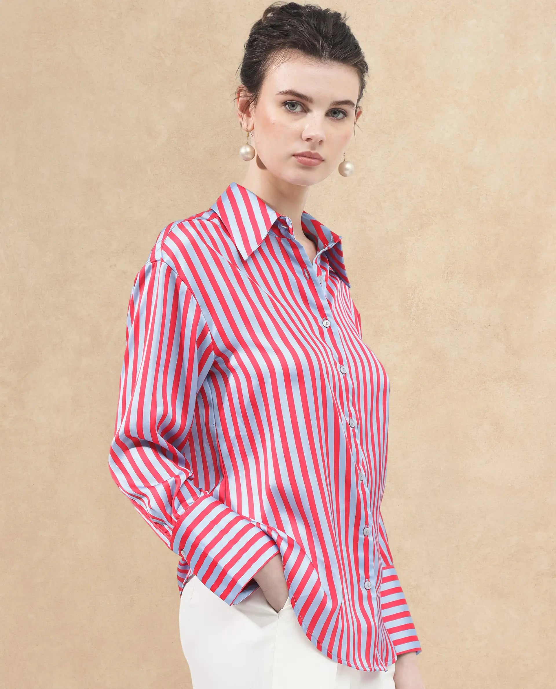 Rareism Women Mochin Blue Polyester Fabric Full Sleeves Button Closure Collared Neck Cuffed Sleeve Regular Fit Striped Shirt
