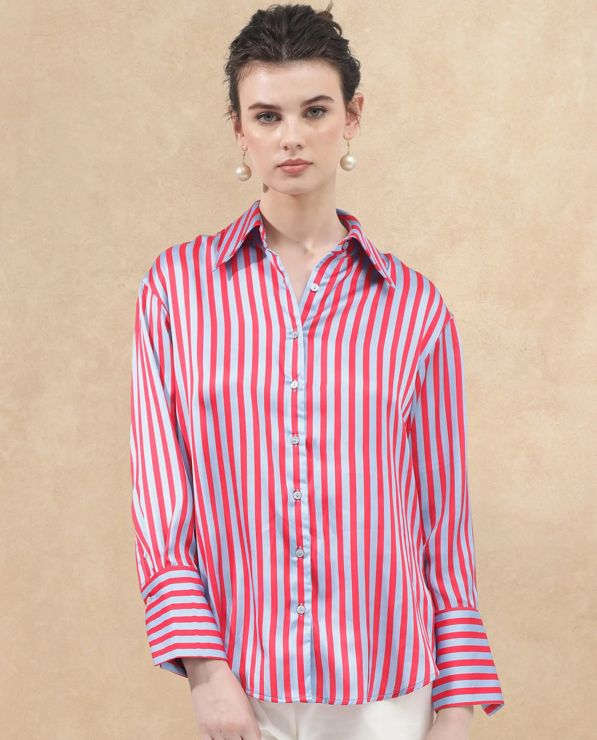 Rareism Women Mochin Blue Polyester Fabric Full Sleeves Button Closure Collared Neck Cuffed Sleeve Regular Fit Striped Shirt