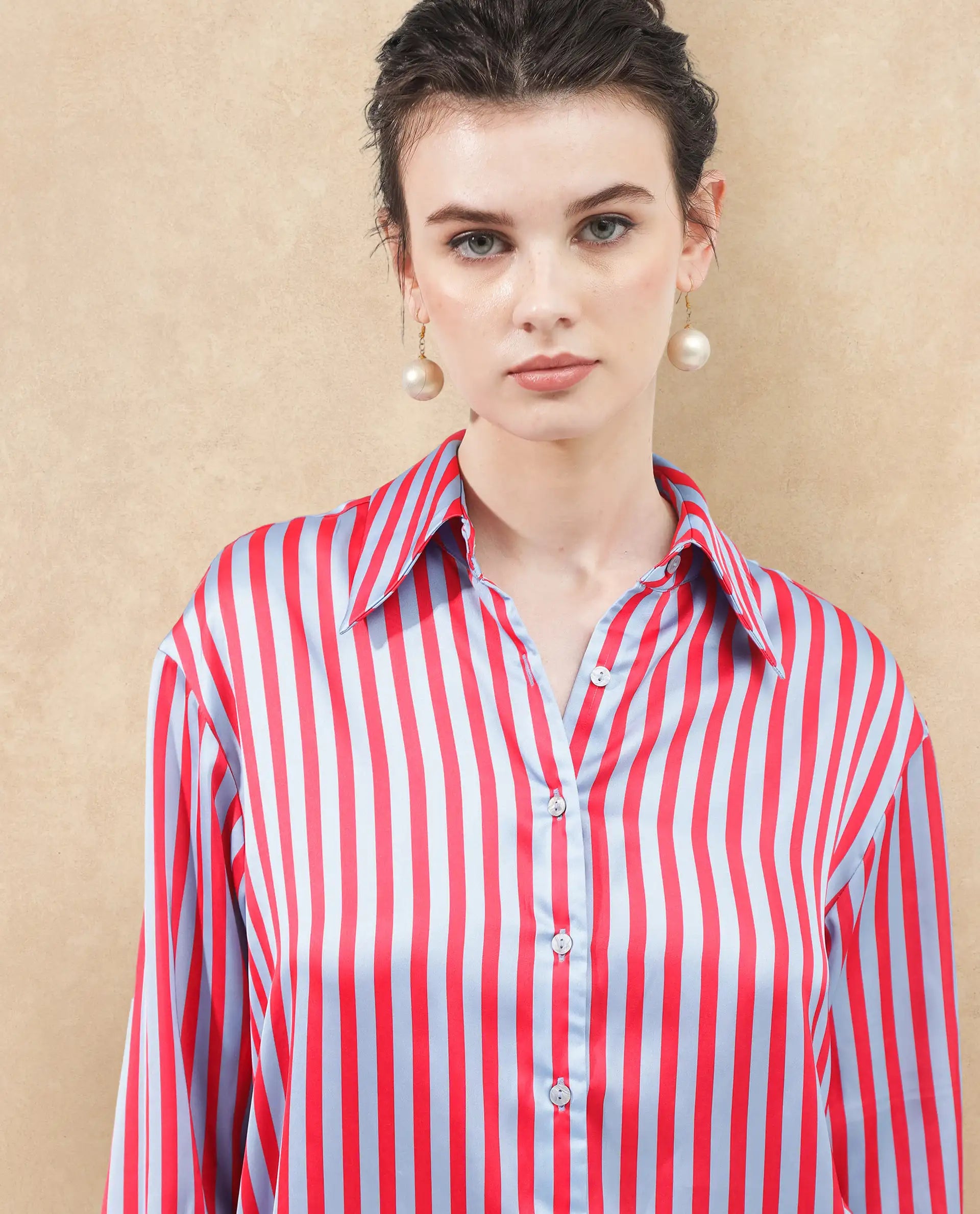 Rareism Women Mochin Blue Polyester Fabric Full Sleeves Button Closure Collared Neck Cuffed Sleeve Regular Fit Striped Shirt