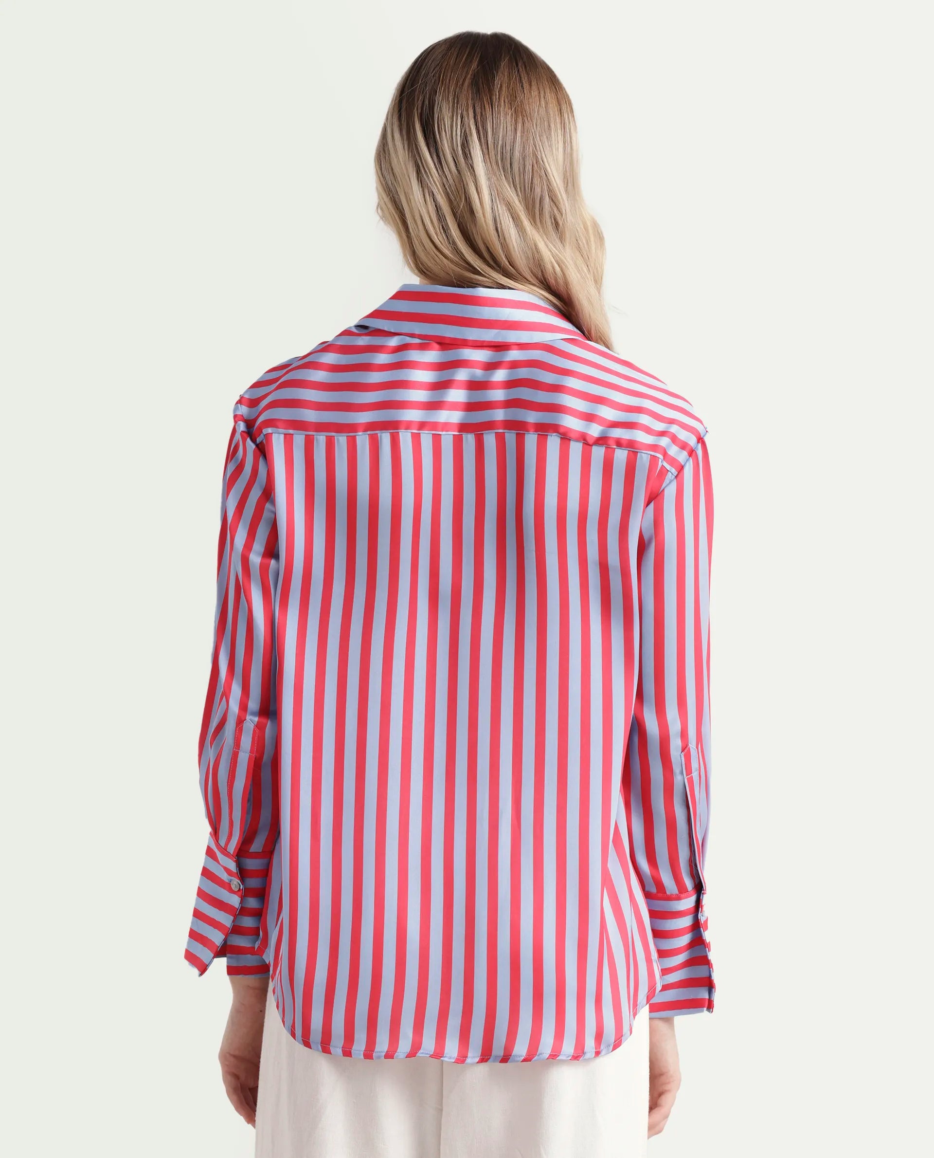 Rareism Women's Mochin Blue Polyester Drop Collar Striped Cuffed Sleeve Regular Fit Shirt