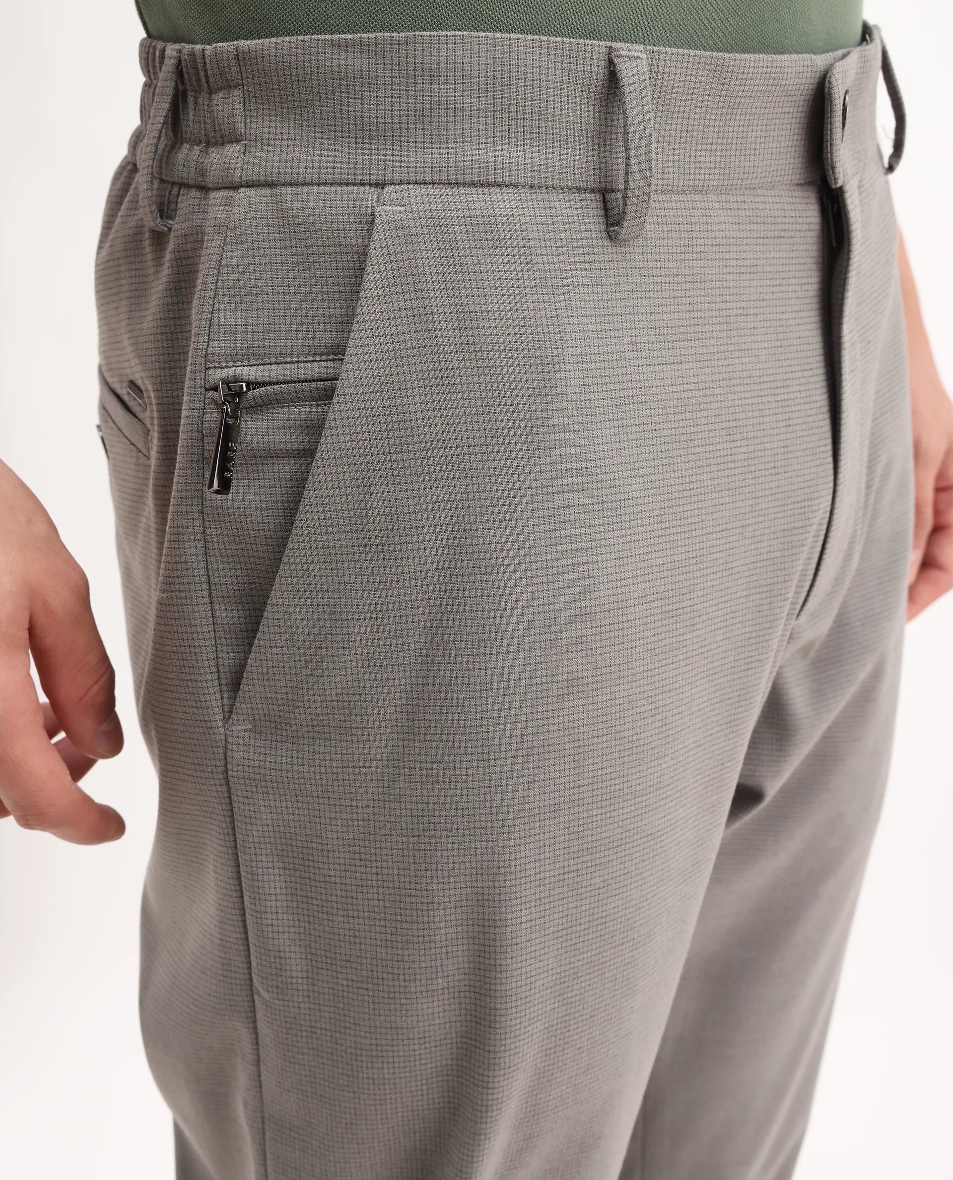 Rare Rabbit Men's Mocron Grey Polyester Checked Print Regular Fit Trouser