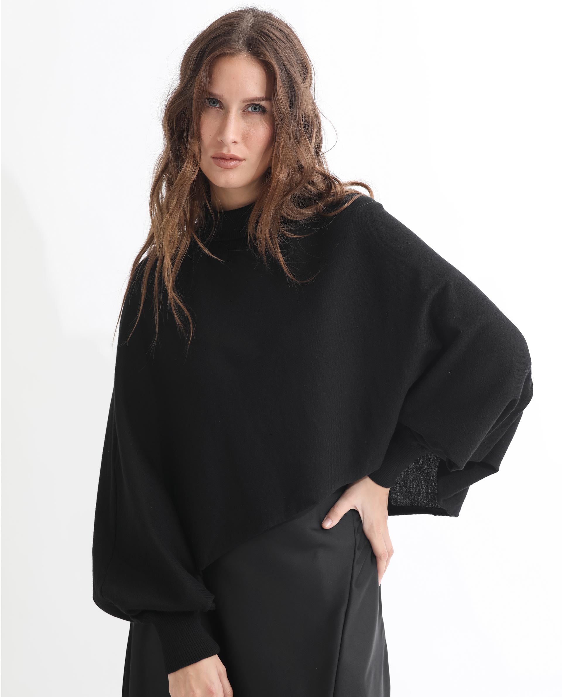 Rareism Women Modem Black Cotton Fabric Full Sleeves Regular Fit Solid High Neck Sweater