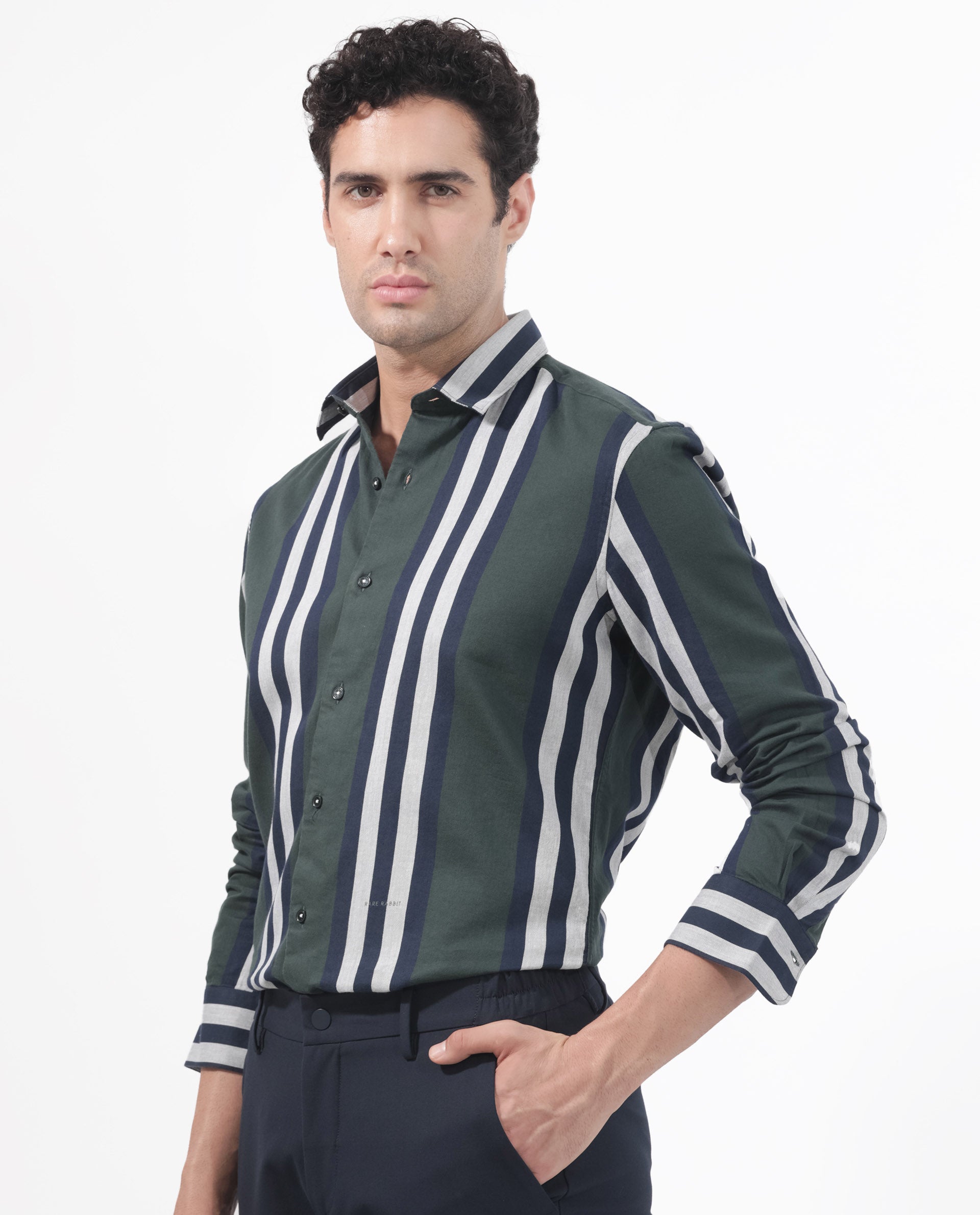 Rare Rabbit Men's Modena Dark Green Cotton Fabric Full Sleeves Striped Print Shirt