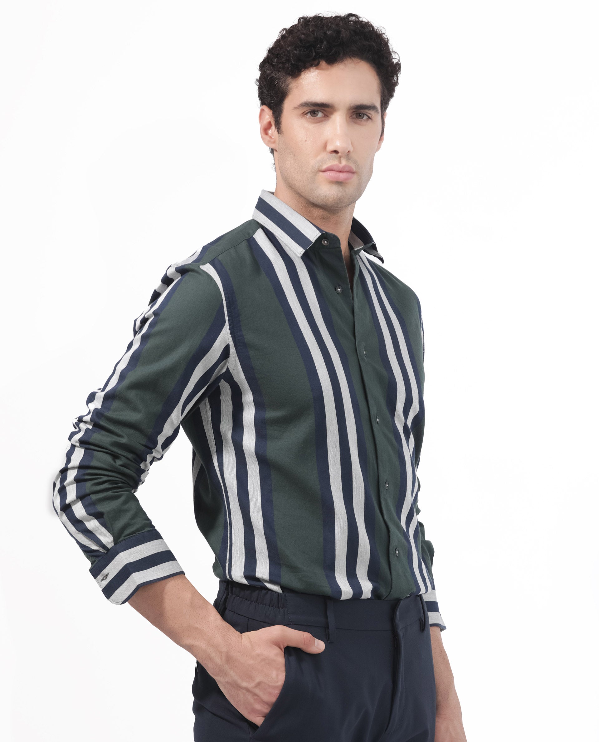 Rare Rabbit Men's Modena Dark Green Cotton Fabric Full Sleeves Striped Print Shirt