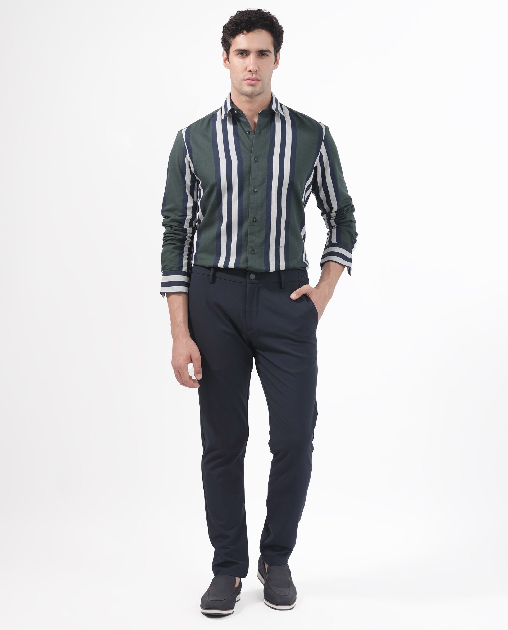 Rare Rabbit Men's Modena Dark Green Cotton Fabric Full Sleeves Striped Print Shirt