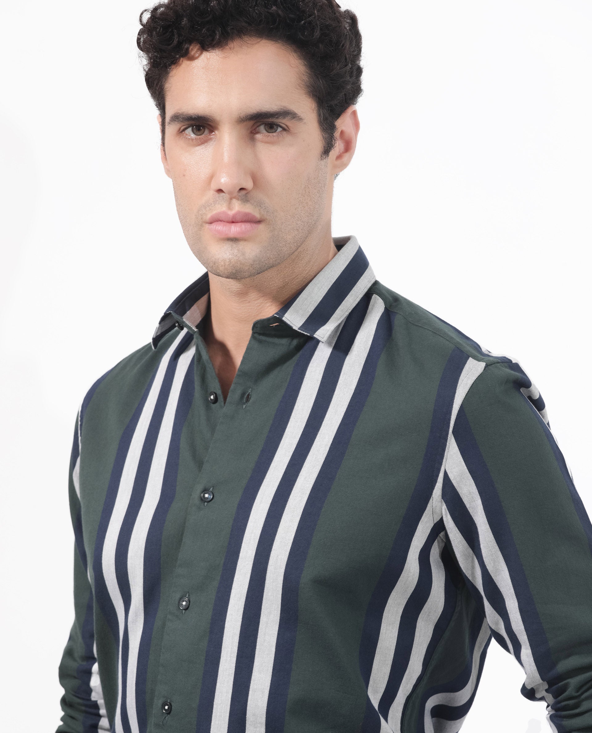 Rare Rabbit Men's Modena Dark Green Cotton Fabric Full Sleeves Striped Print Shirt