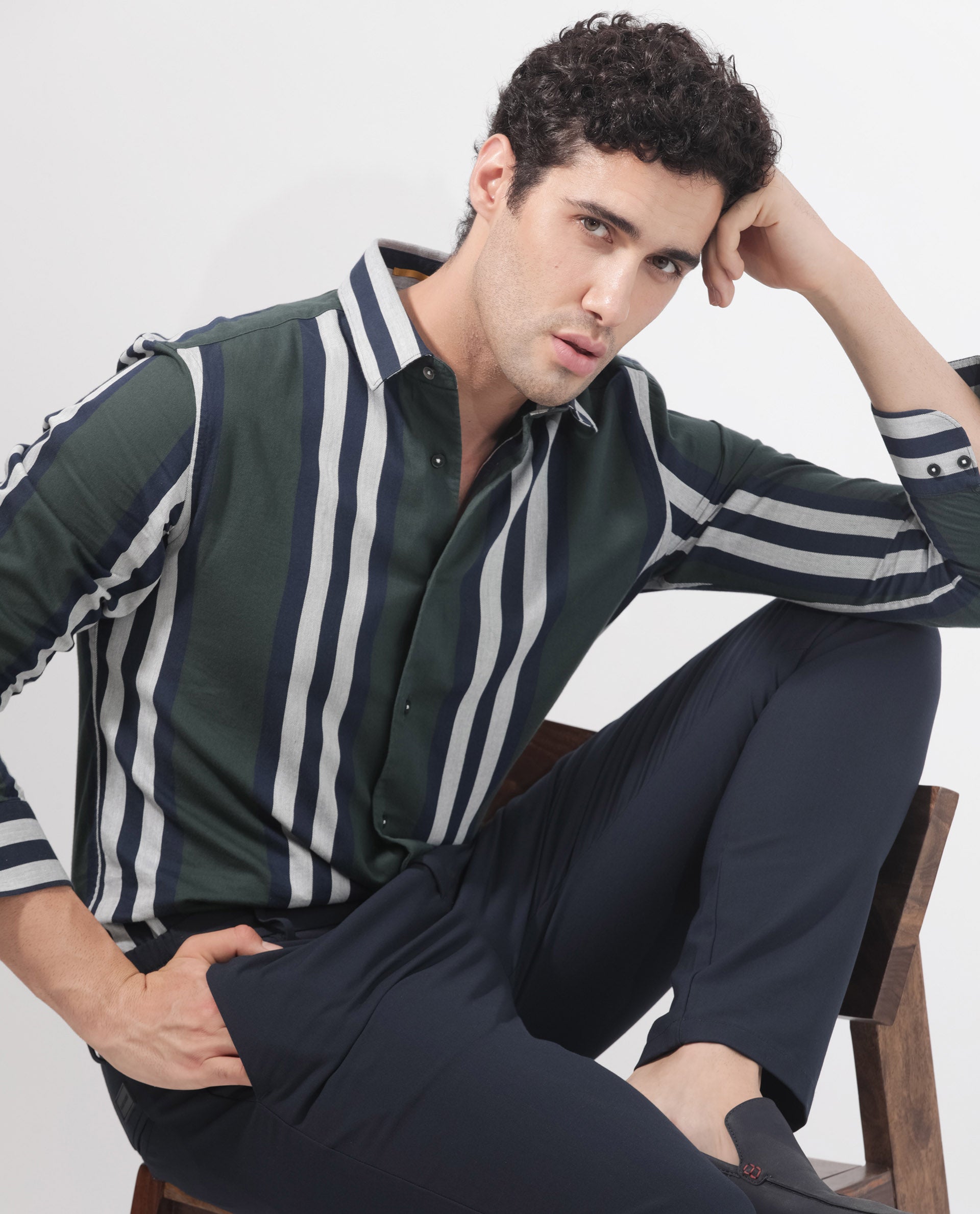 Rare Rabbit Men's Modena Dark Green Cotton Fabric Full Sleeves Striped Print Shirt