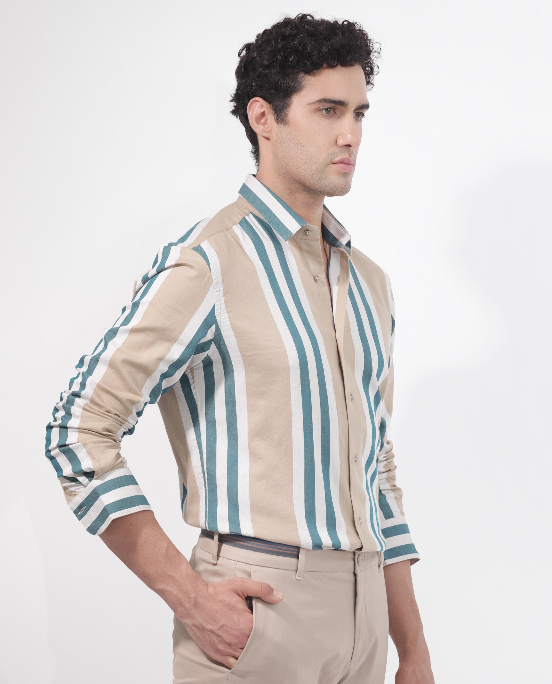 Rare Rabbit Men's Modena Light Brown Cotton Fabric Full Sleeves Striped Print Shirt