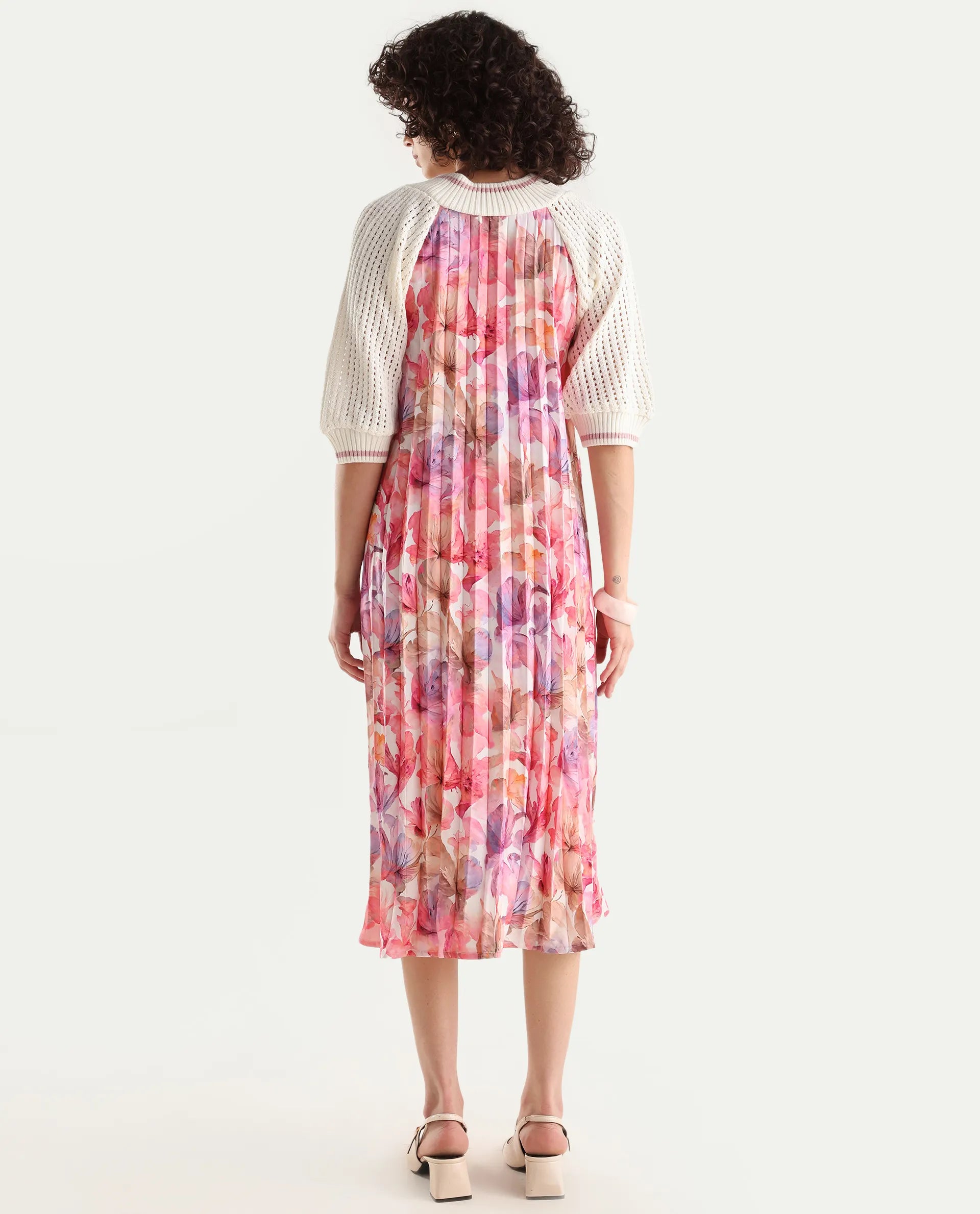 Rareism Women's Modenl Light Multi Satin Ribbed Collar Floral Print Raglan Sleeve Midi Flared Dress