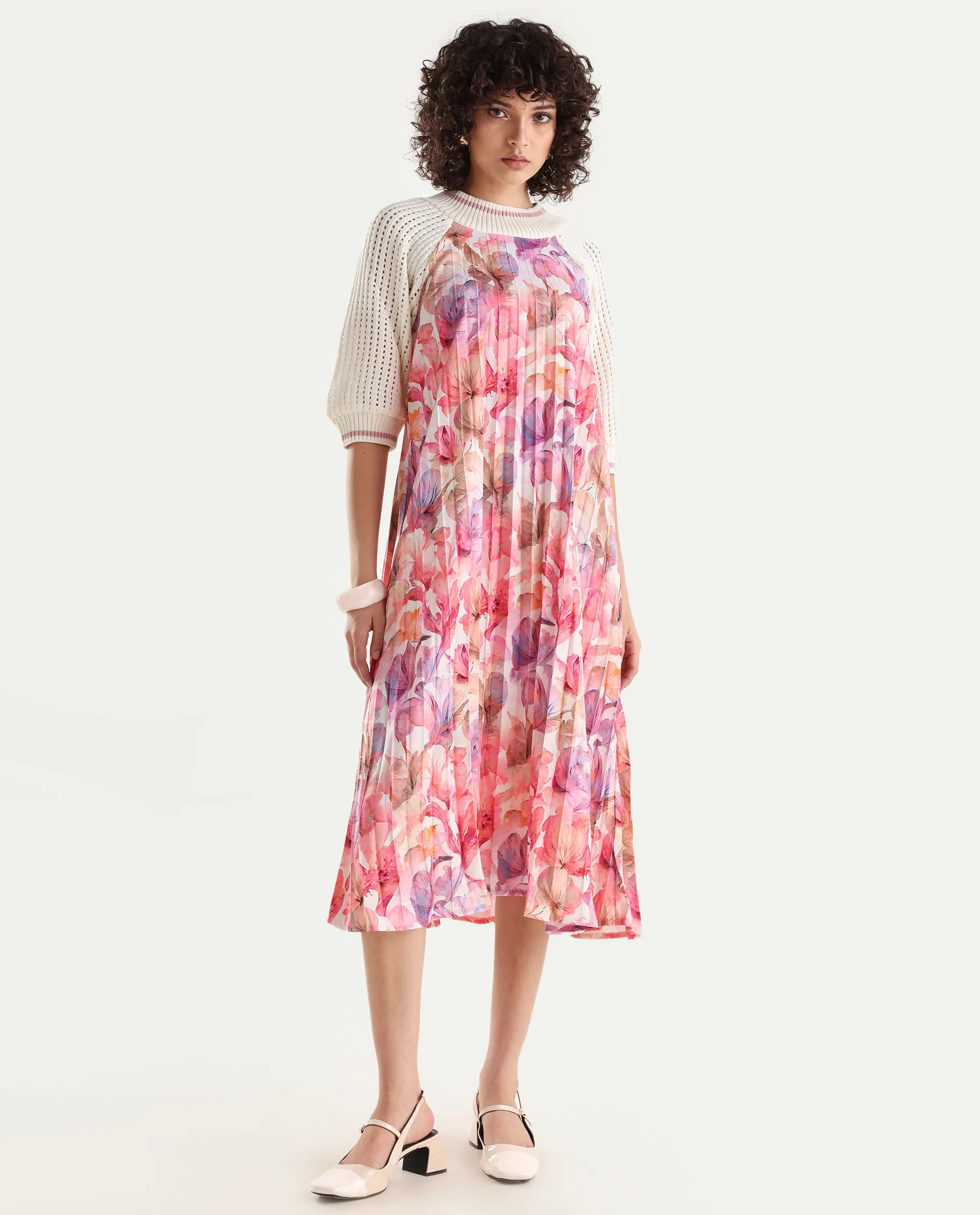 Rareism Women's Modenl Light Multi Satin Ribbed Collar Floral Print Raglan Sleeve Midi Flared Dress