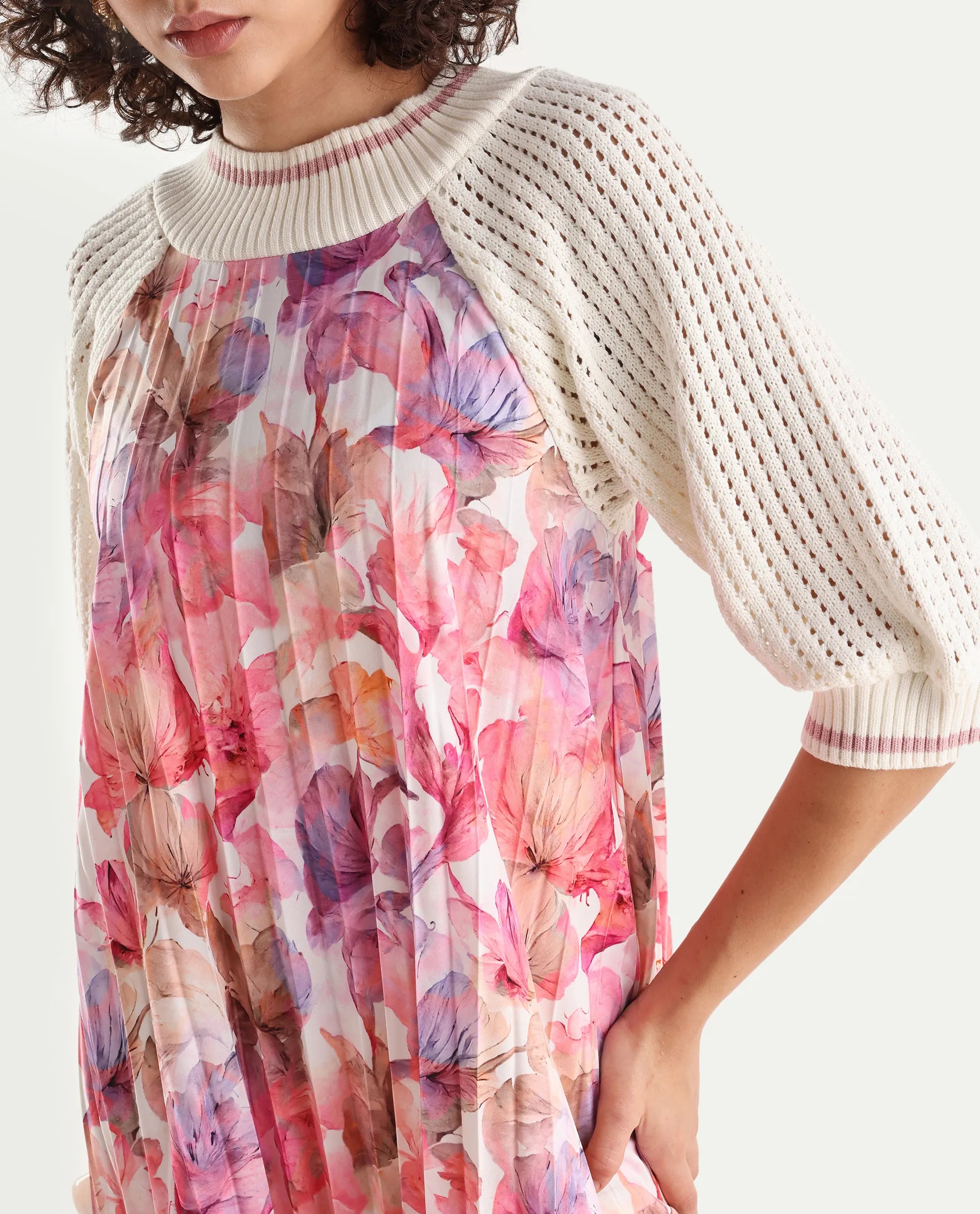 Rareism Women's Modenl Light Multi Satin Ribbed Collar Floral Print Raglan Sleeve Midi Flared Dress