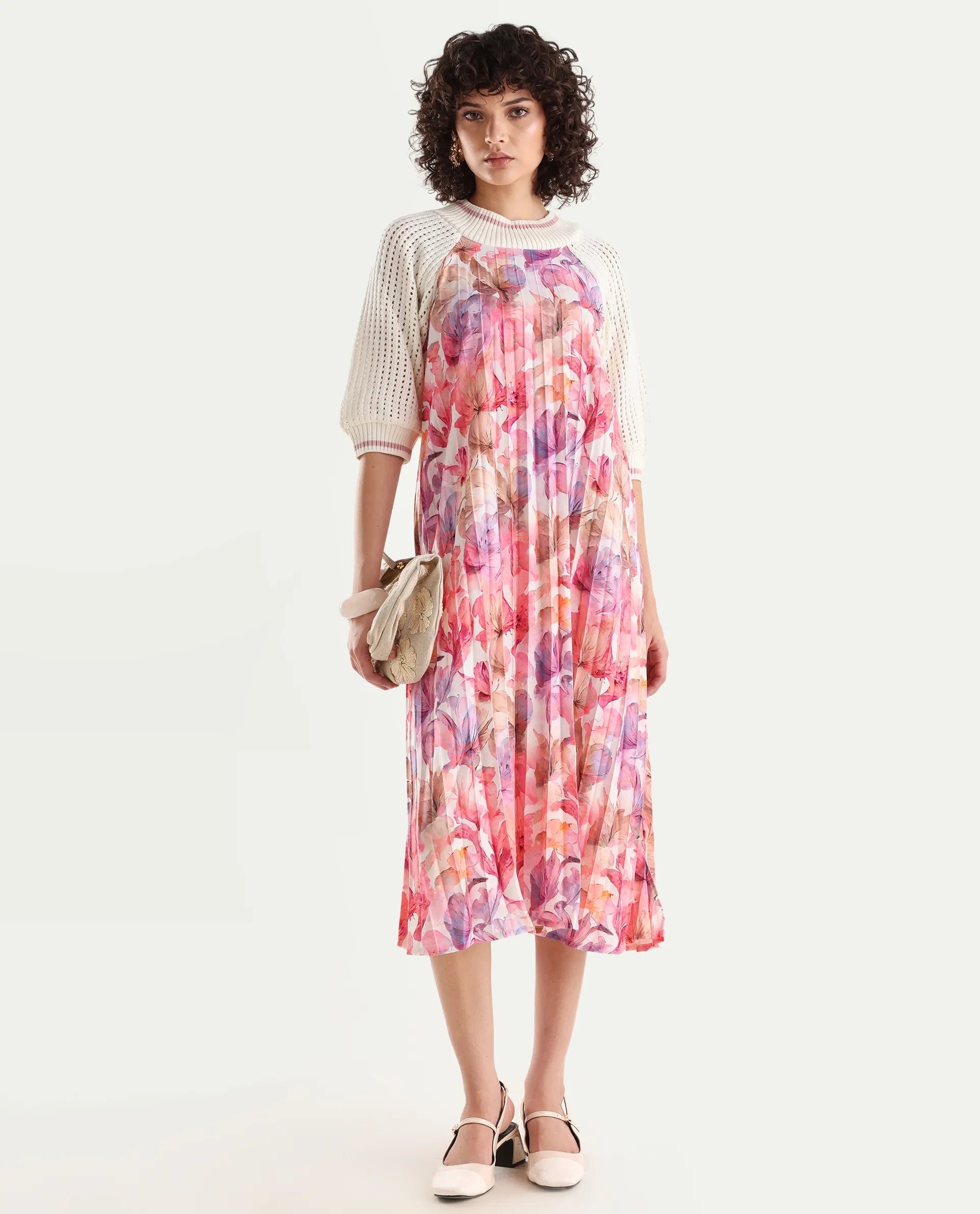 Rareism Women's Modenl Light Multi Satin Ribbed Collar Floral Print Raglan Sleeve Midi Flared Dress