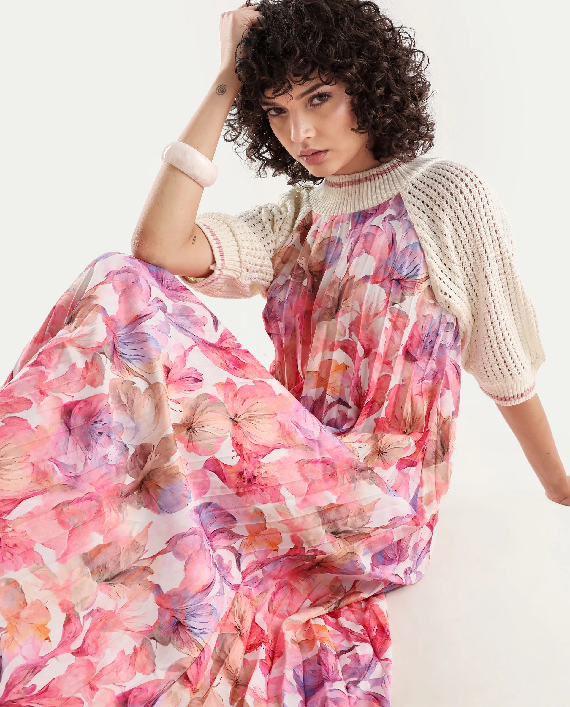 Rareism Women's Modenl Light Multi Satin Ribbed Collar Floral Print Raglan Sleeve Midi Flared Dress