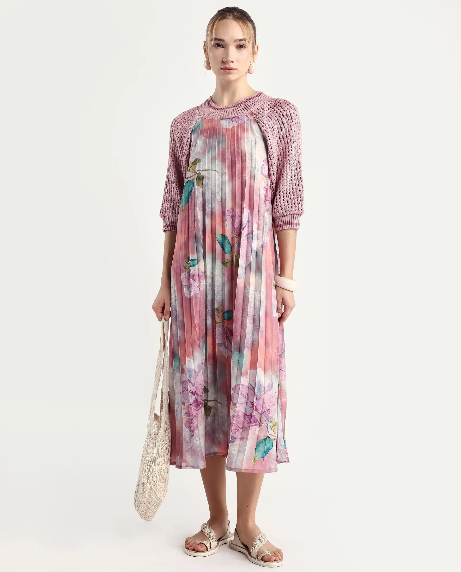 Rareism Women's Modley Multi Polyester Ribbed Collar Floral Print Raglan Sleeve Midi Flared Dress