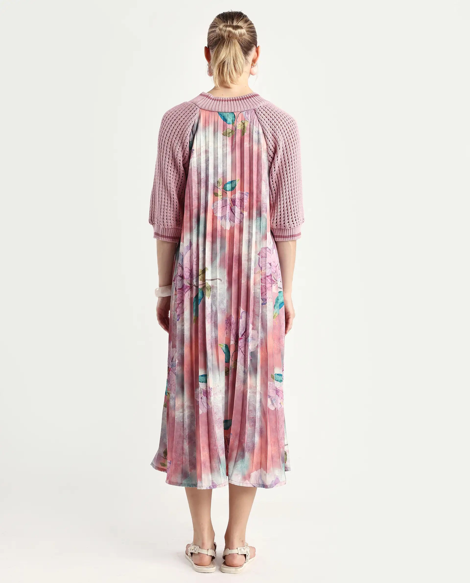 Rareism Women's Modley Multi Polyester Ribbed Collar Floral Print Raglan Sleeve Midi Flared Dress