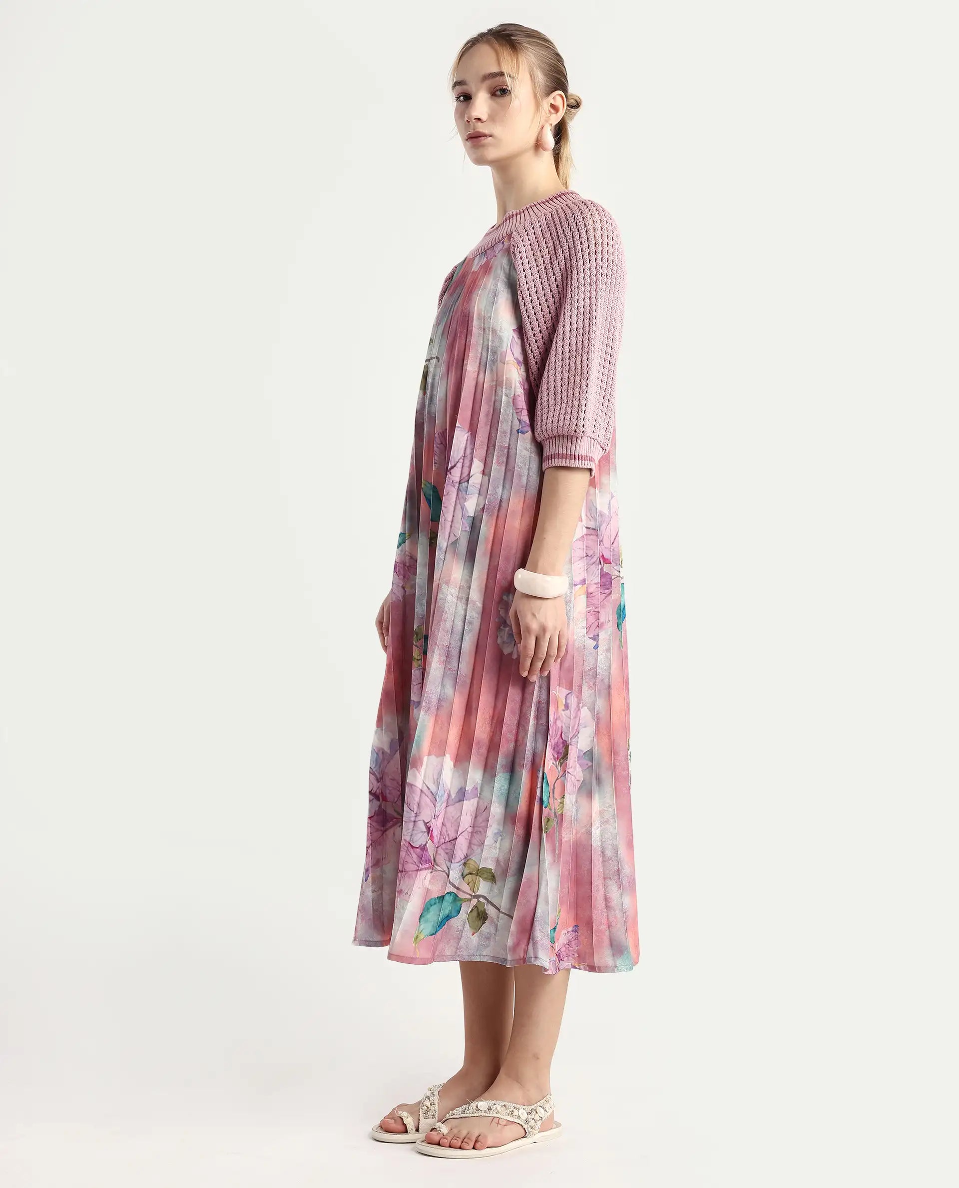 Rareism Women's Modley Multi Polyester Ribbed Collar Floral Print Raglan Sleeve Midi Flared Dress