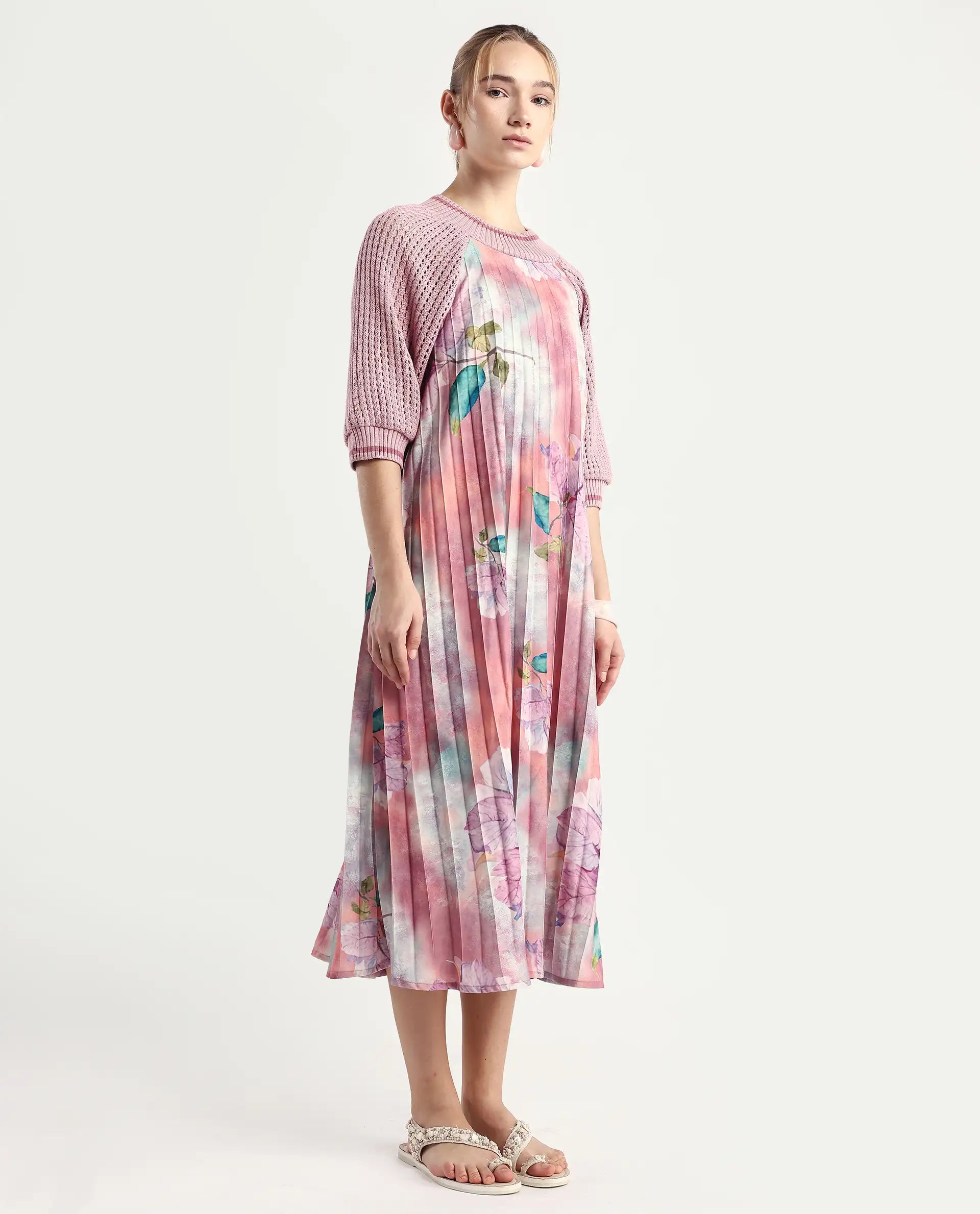 Rareism Women's Modley Multi Polyester Ribbed Collar Floral Print Raglan Sleeve Midi Flared Dress