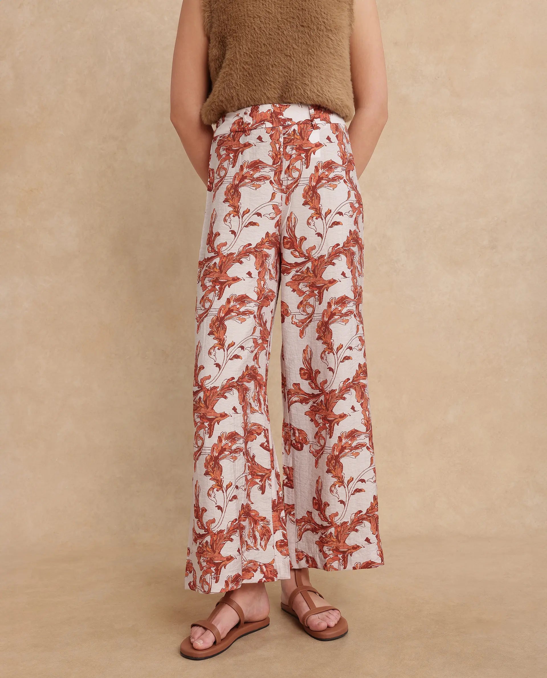 Rareism Women Mogafu Multi Nylon Viscose Fabric Zipper Closure Flared Fit Ankle Length Abstract Print Trouser