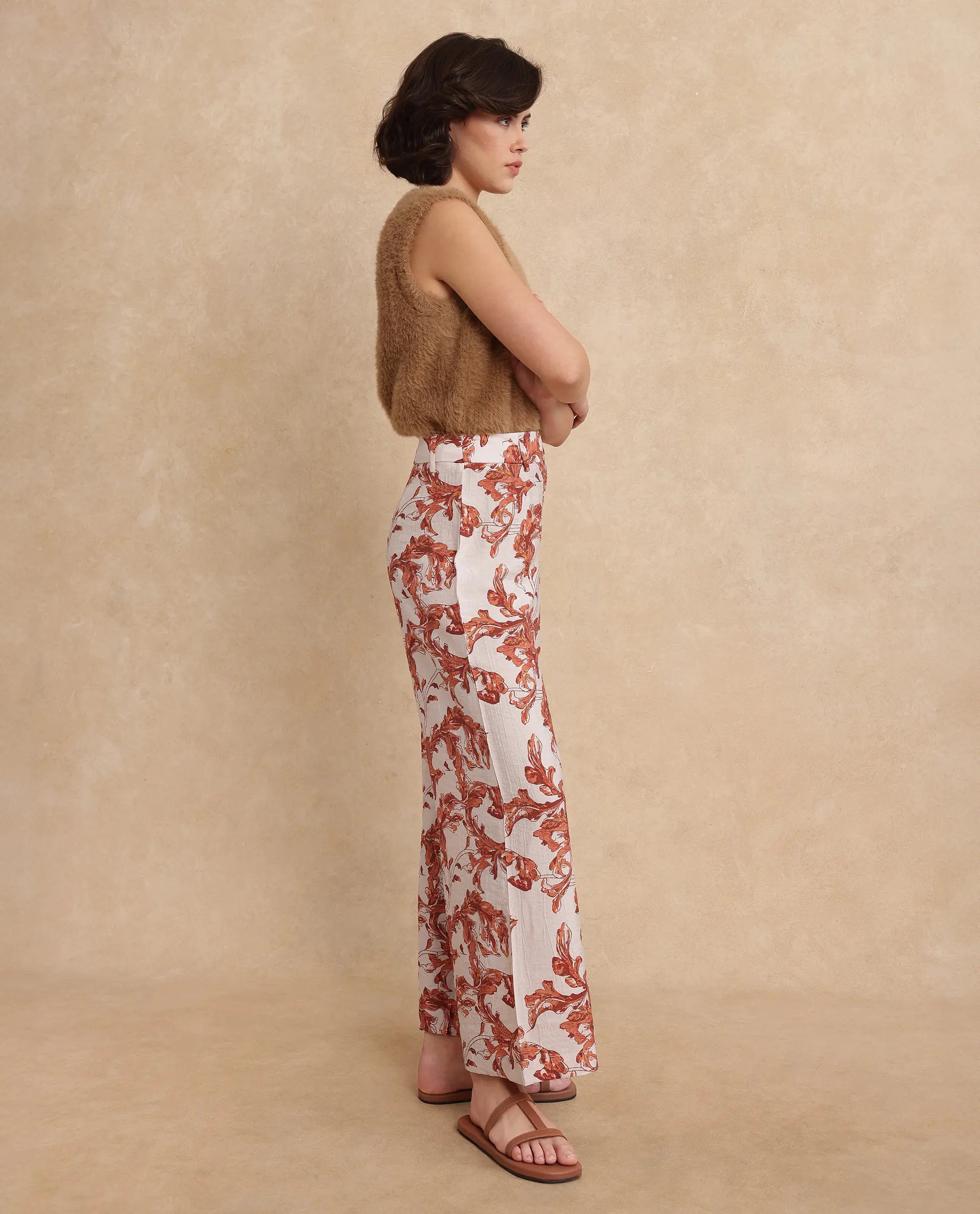 Rareism Women Mogafu Multi Nylon Viscose Fabric Zipper Closure Flared Fit Ankle Length Abstract Print Trouser