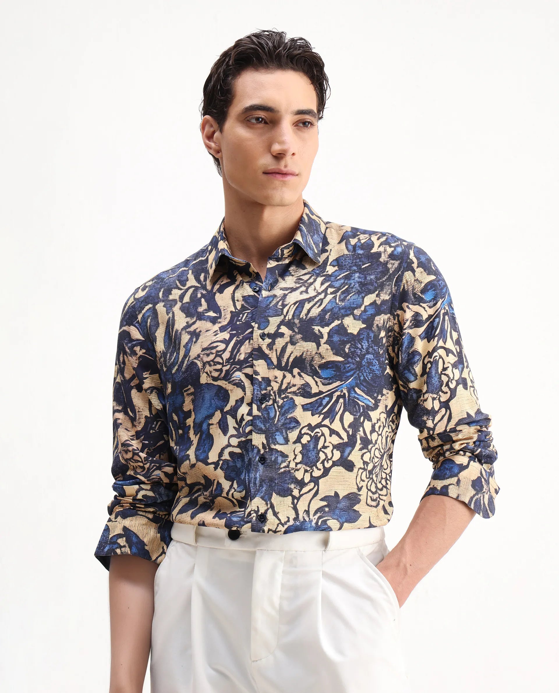 Rare Rabbit Men's Moky Dusky Yellow Viscose Floral Print Regular Fit Full Sleeve Collared Shirt