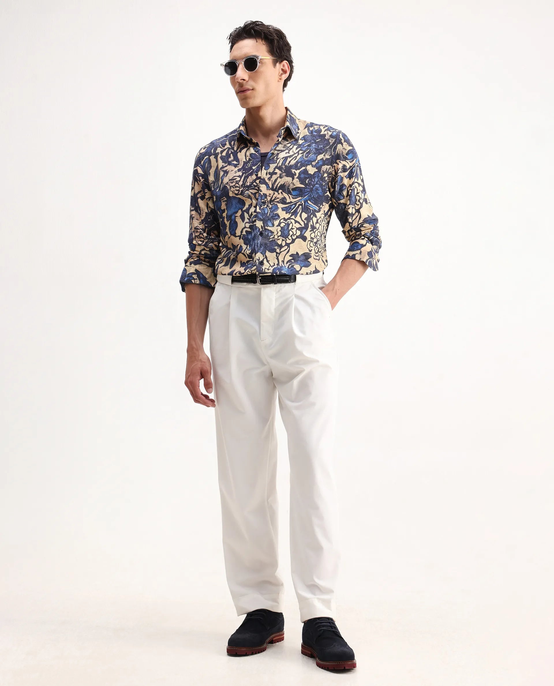 Rare Rabbit Men's Moky Dusky Yellow Viscose Floral Print Regular Fit Full Sleeve Collared Shirt