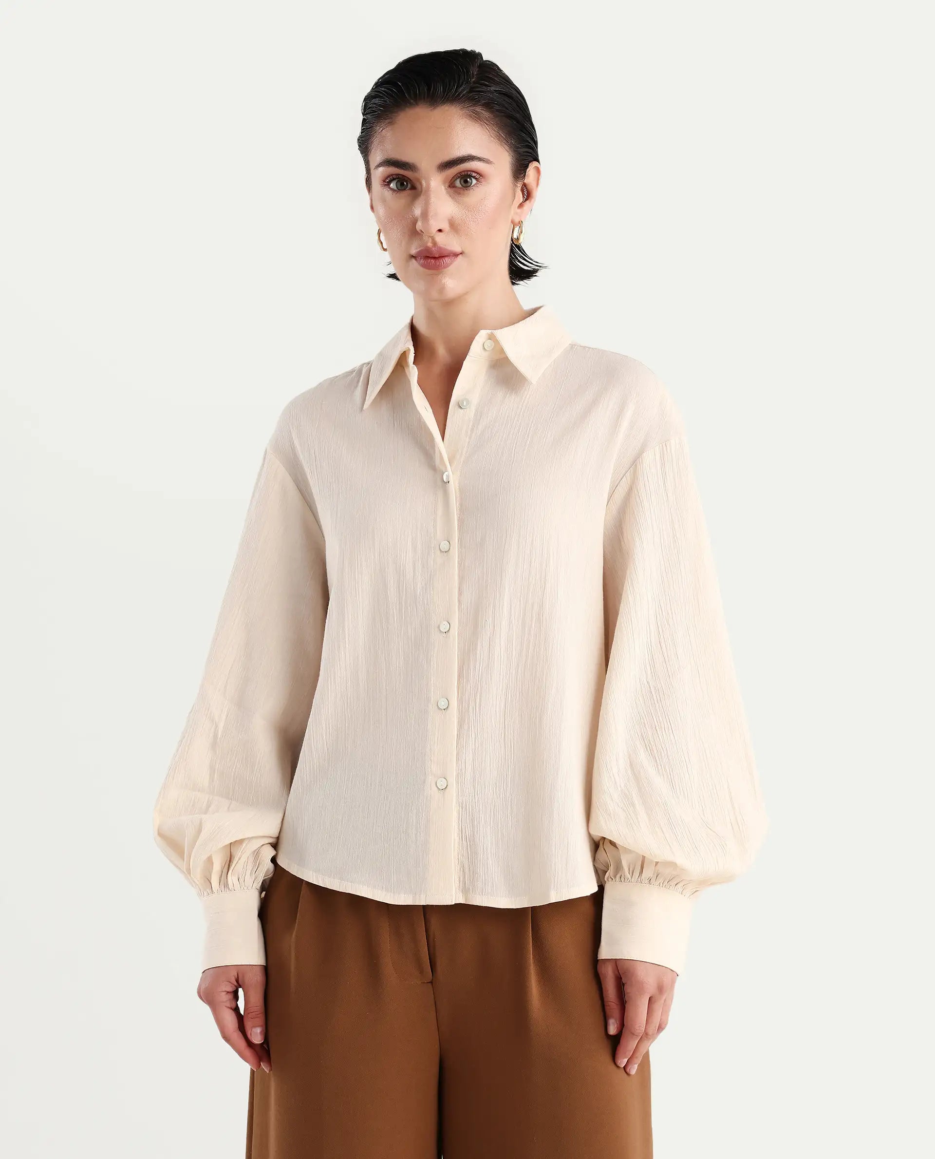 Rareism Women's Molfetta Light Off White Cotton Blend Drop Collar Plain Bishop Sleeve Regular Fit Shirt