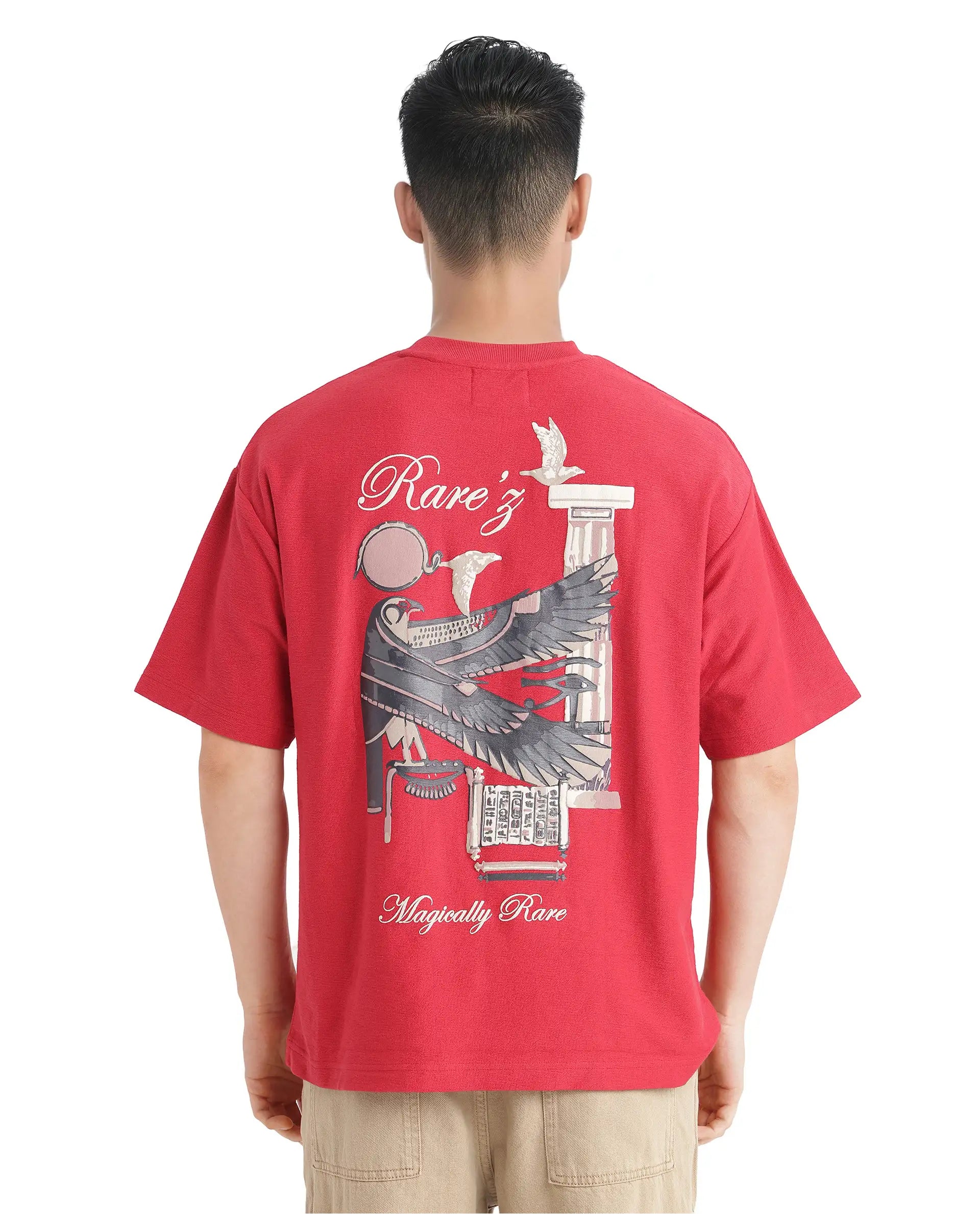 Rare Rabbit Men Molo Red Cotton Fabric Short Sleeve Crew Neck Oversized Fit Graphic Print T-Shirt