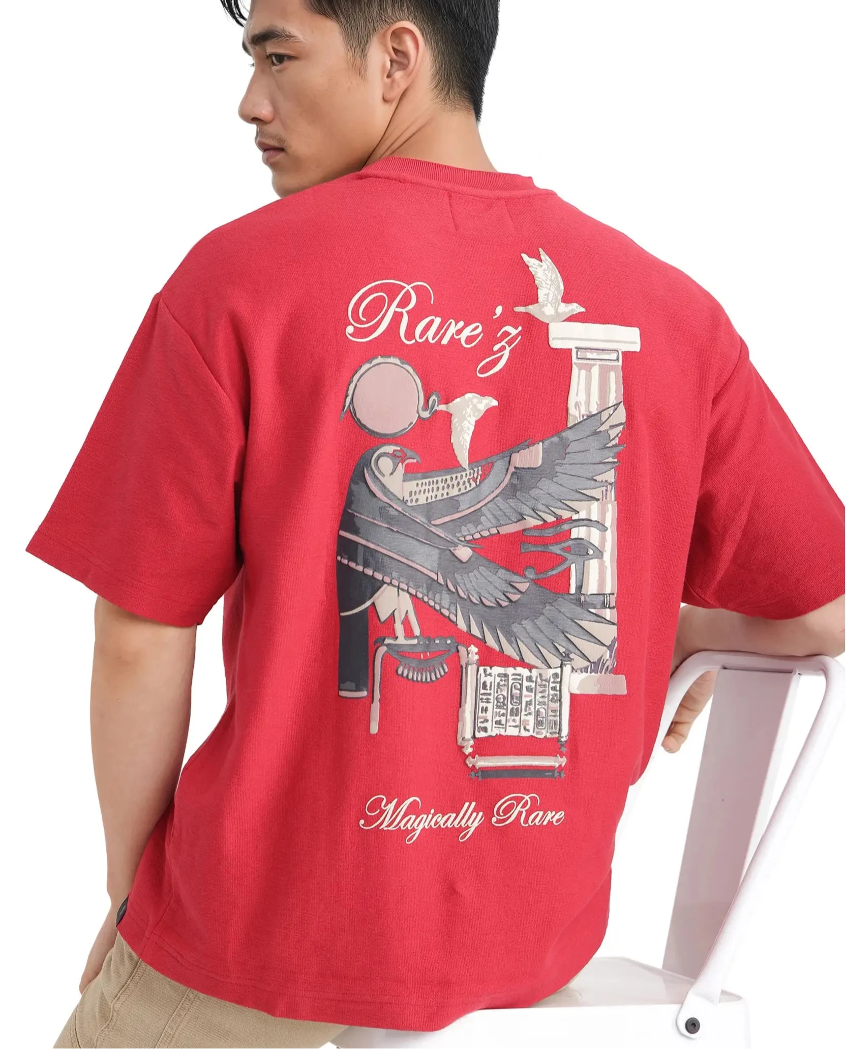 Rare Rabbit Men Molo Red Cotton Fabric Short Sleeve Crew Neck Oversized Fit Graphic Print T-Shirt