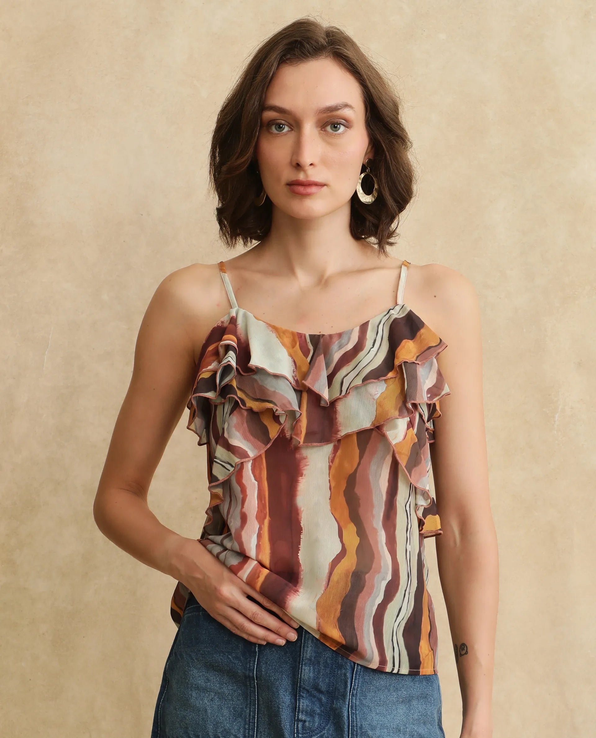 Rareism Women Molp Multi Sleeveless V-Neck Abstract Print Top