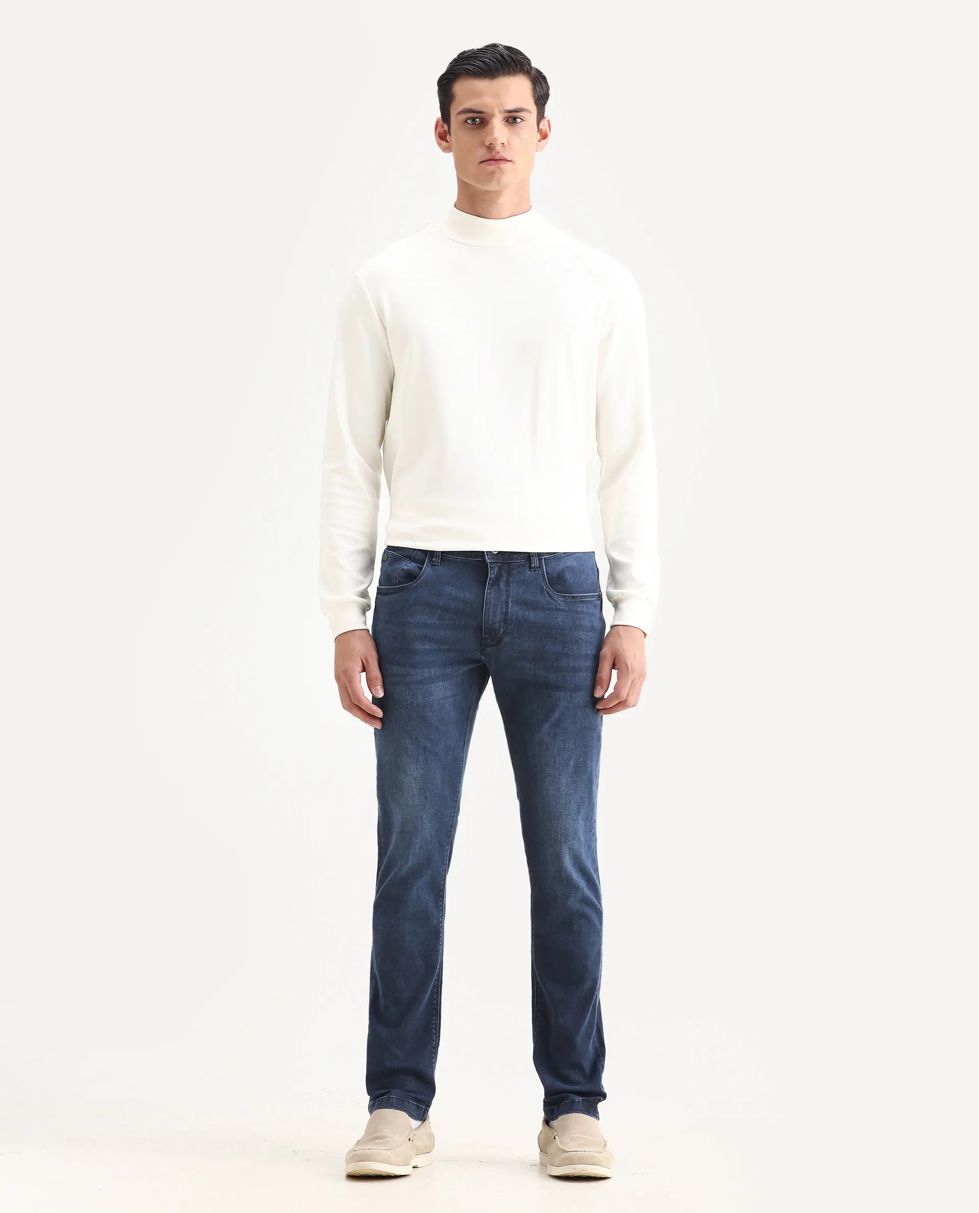 Rare Rabbit Men's Monaco Navy Cotton Plain Hawk Slim Fit Jeans